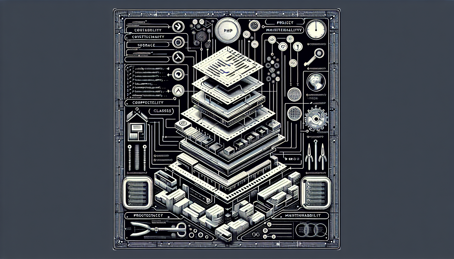 An abstract representation of maintainability in PHP projects. The image could feature elements like a meticulously organized blueprint, signifying a well-structured project, and tools associated with PHP programming, such as a methodical arrangement of braces and semicolons, abstract symbols representing classes and objects, neatly ordered in layers signaling namespaces, and a tree structure denoting hierarchical organization. All these elements should be without any textual context or brand logos symbolizing coding best practices and project maintainability. Maintain an overall aesthetic that encapsulates the precision and order common in successful programming projects.