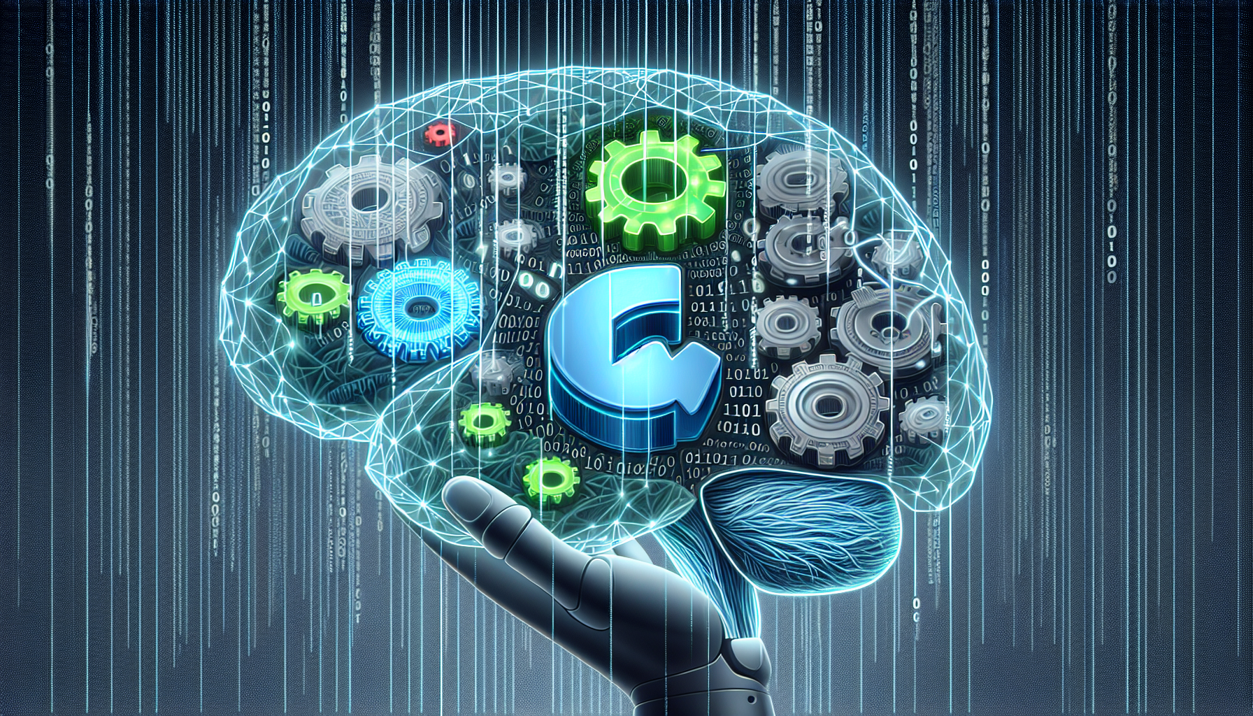 Illustration depicting the concept of Tensorflow being used in conjunction with PHP in the realm of machine learning. Visualize a giant neural network drawn with glowing blue and green lines, inside of which are abstract representations of PHP scripts - possibly as intricate gears or interconnected machinery. In the background, have a binary code rain falling, symbolic of machine learning computations, with the color scheme dominated by steel gray and electric blue. Make sure to avoid any text, brand names, logos or human figures in the image.