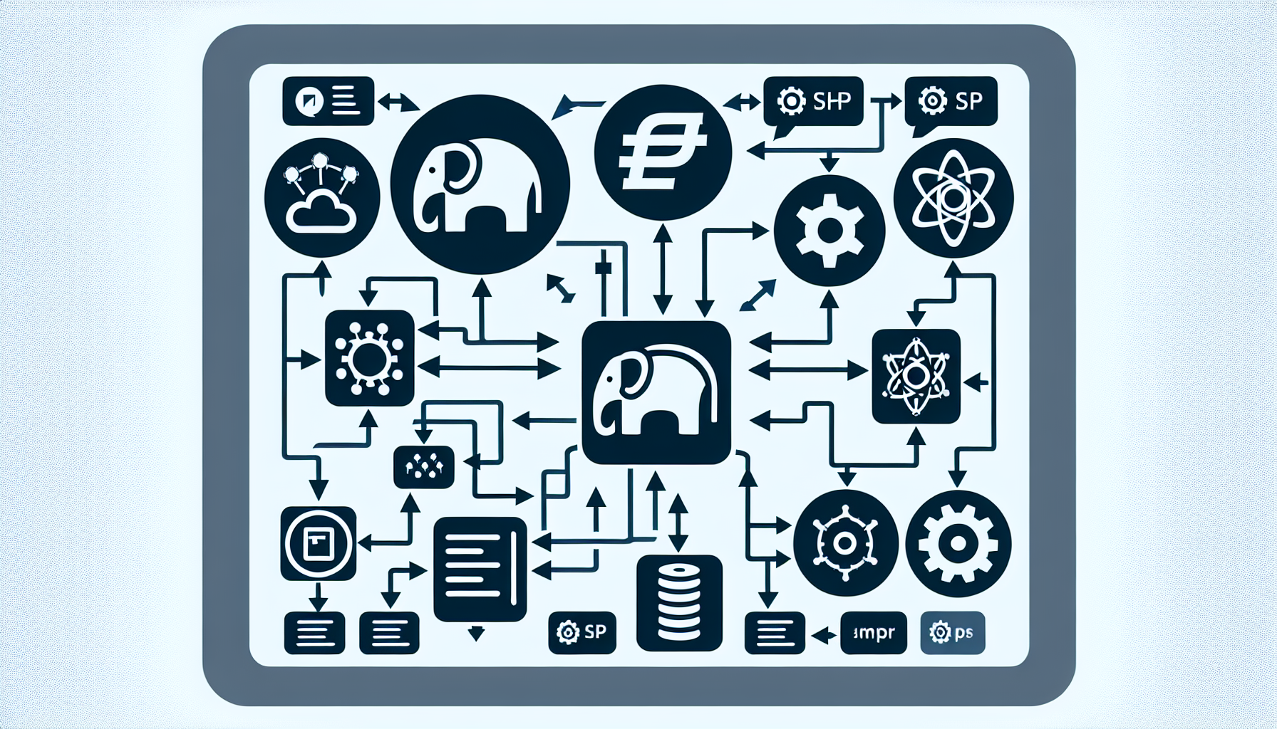 An image representing the concept of event sourcing in PHP for application state management. The illustration should depict network nodes interconnected, with signals traversing them, indicating data flow. Additionally, incorporate symbols commonly associated with PHP, such as elephants and scripting structures, but without any texts or brand logo. Also, depict the management aspect through an abstract symbol like a gear or control panel. Ensure that no people or recognizable brand names are present in the image.