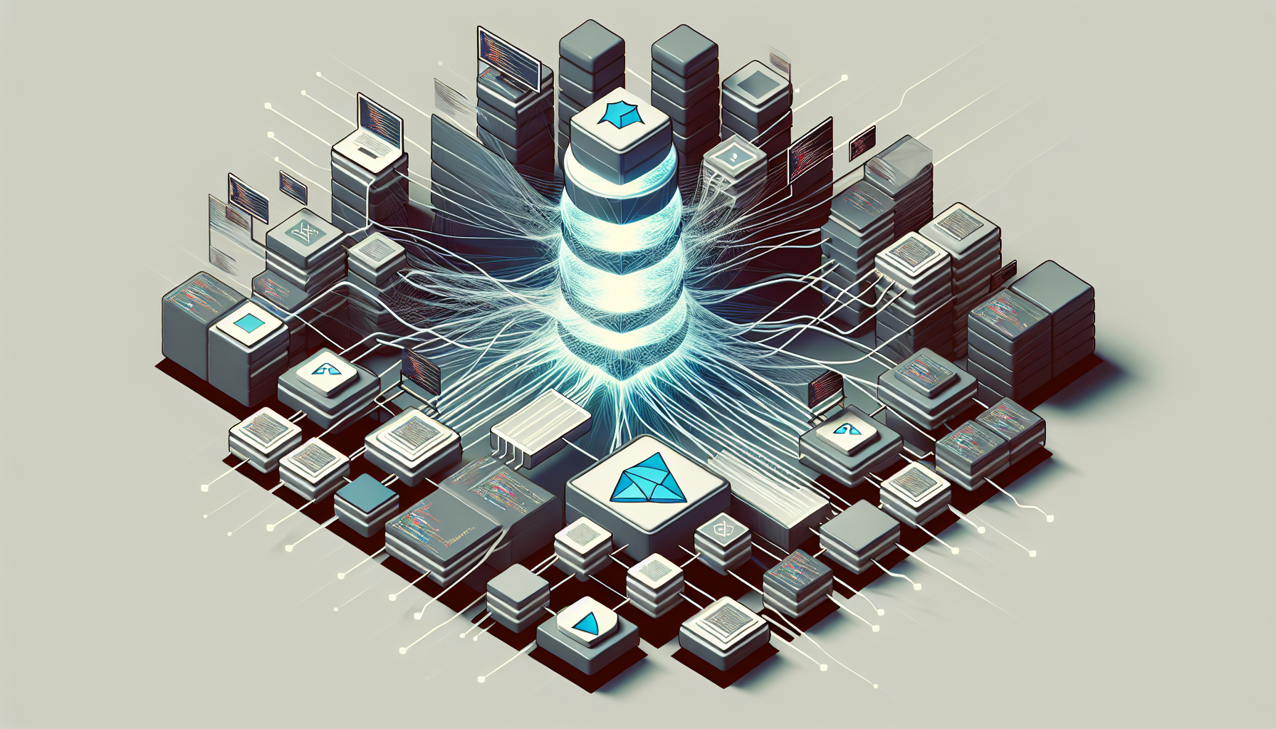 An abstract representation of a PHP-based chat system using WebSockets. The image features a flowchart of geometric shapes symbolizing the system's architecture: a large server symbol, coded in PHP, connected to multiple individual chat windows by swiftly flowing lines to represent WebSockets. The chat windows are devoid of any text or known logos with the intention to respect the brand-neutral nature of the image. The flow of data is visualized by pulsating light running through the lines. No humans are depicted in the image. The color scheme is dominated by cool blues and neutral grays.