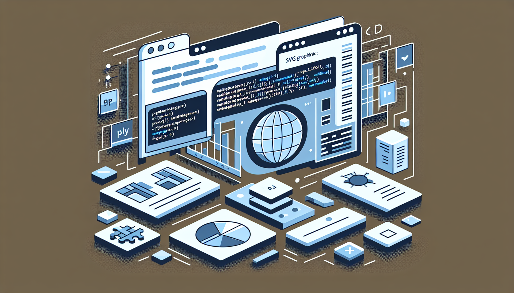 Create a visualization of the concept: 'Using PHP to create dynamic SVG graphics for web applications'. Make sure the image includes some code snippets in PHP but without revealing any text clearly, small rectangular pieces representing different parts of an SVG graphics, and a simplified browser window display showing a dynamic graphic shaped like a globe or a stylized data chart. Ensure there's no presence of people, brand names or logos in the scene. Use a neutral, non-branded, and minimalistic style for the overall representation.