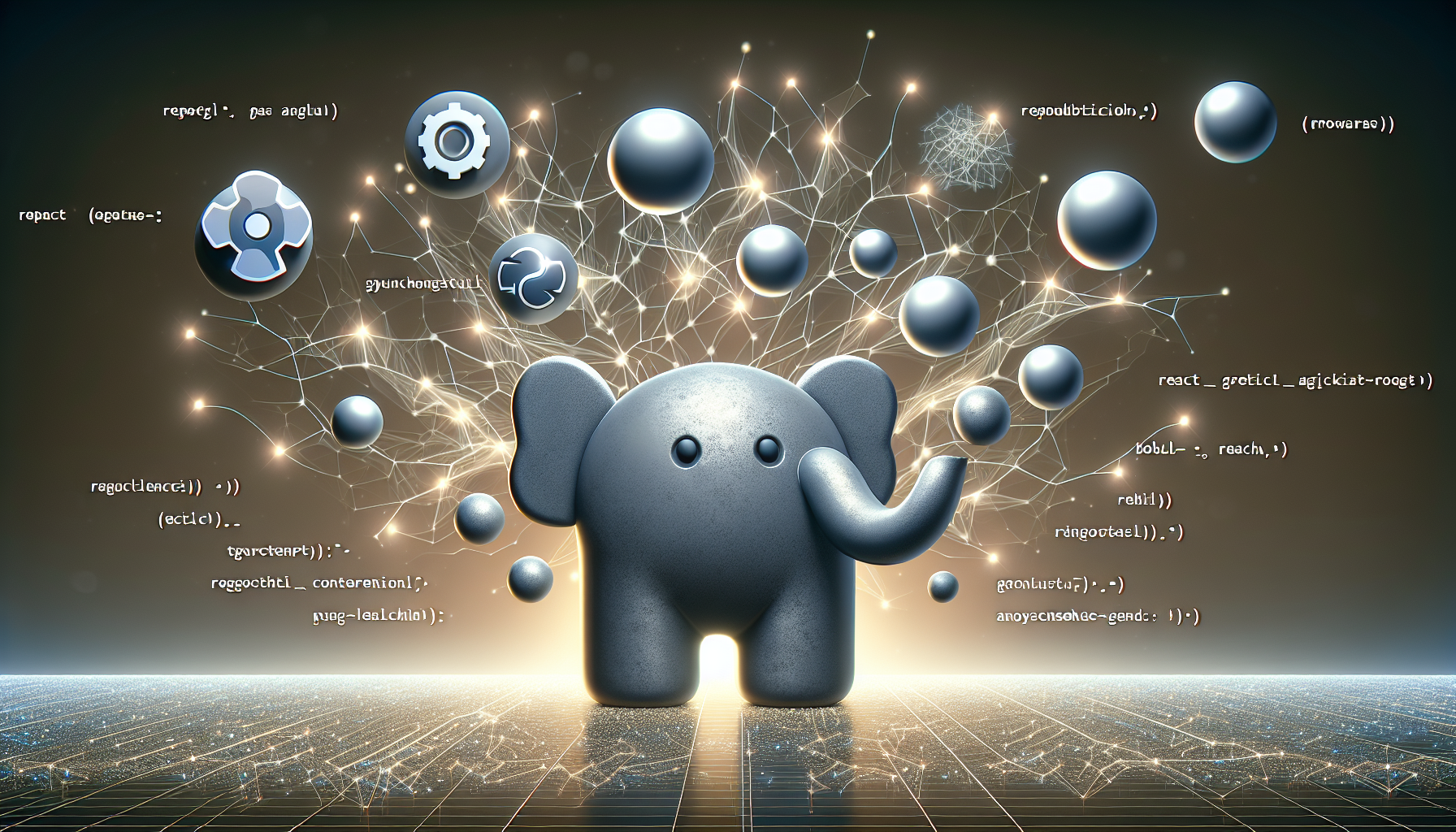 Image detailing the concept of managing asynchronous tasks in the context of programming. Show a large, stylized PHP elephant, the symbol of PHP programming, in the center. The elephant is juggling multiple balls, each one representing different tasks. Dispersion of faint, glowing, synaptic-like structures in the background, signifying the non-blocking, concurrent nature of asynchronous tasks. Show a React logo morphed into a non-brand-specific gear, symbolizing the machinery enabling the asynchronous tasks, interlocking with the balls. All these elements are floating over an abstract, technical looking base, signifying the digital world. No text or people are included in the image.