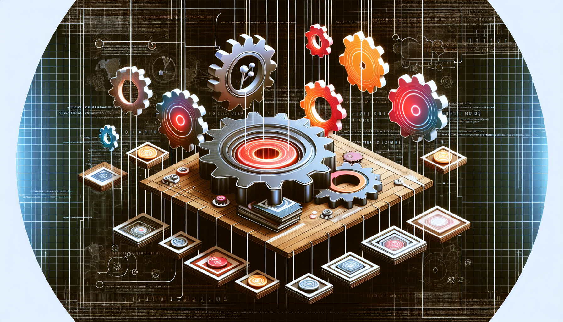 An abstract concept showcasing the process of optimizing session storage in PHP with Redis. Picture a table with various interconnected gears, symbolizing the mechanism of session optimization. A large gear in the center could represent PHP. Several smaller gears rotating around it might symbolically represent improving the efficiency connecting the symbolic PHP gear to a vividly colored one indicating Redis. All this on a background subtly alluding to a digital environment, complete with binary numbers and a schematic-like aesthetic. No text, people, brand names, or logos are included in this image.