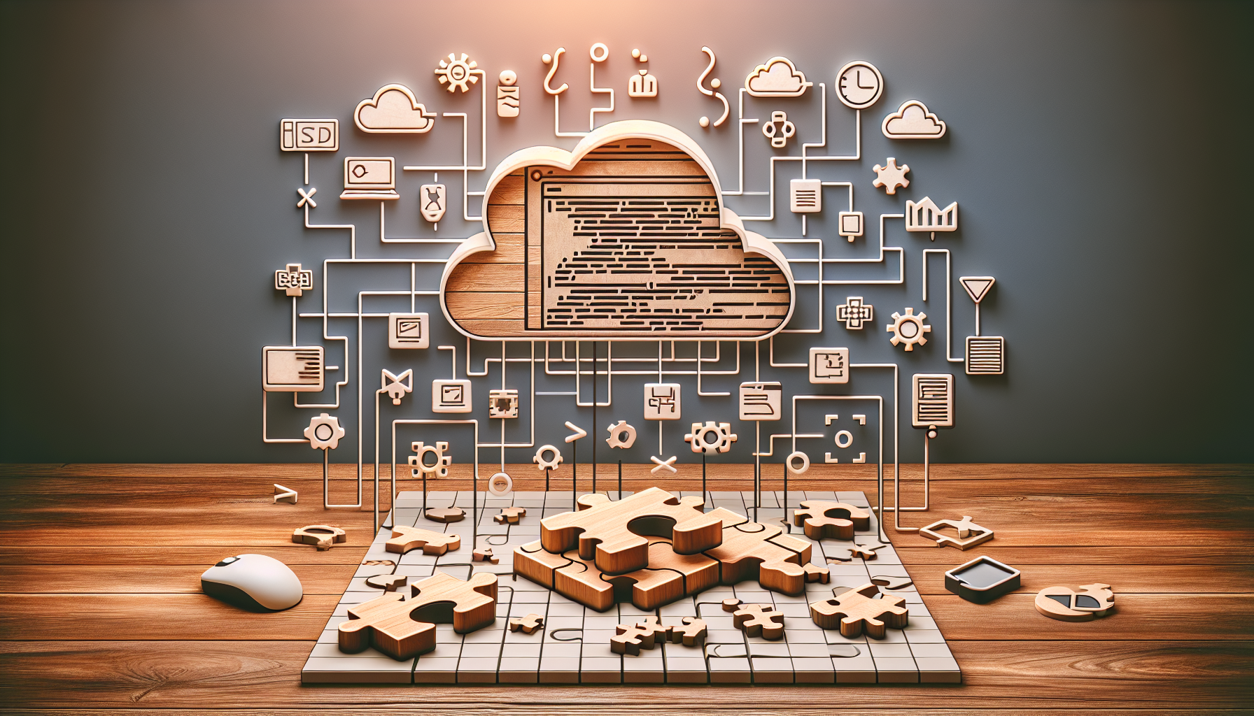 An image representing the concept of creating a PHP package from scratch. The picture is a well-lit scene with a distinct, neutral and professional feel. On a wooden desk, computer codes, pieces of puzzles falling into place synergistically, and diverse conceptual icons representing coding and software development such as curly brackets, semicolons are scattered around. Different stages of progress like a rough draft, development stage, and final polished version connect with dashed lines forming a timeline. No text, people, brand names, or logos appear in the scene.