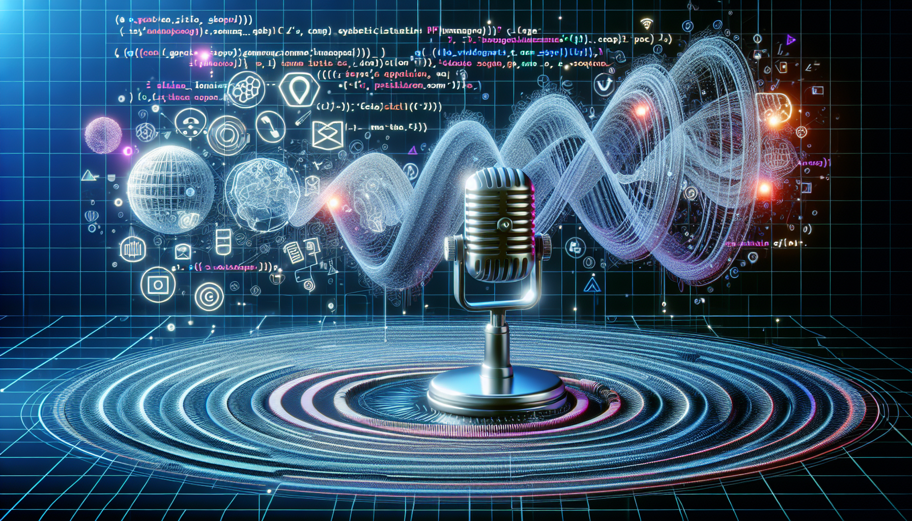 A conceptual representation of a voice-activated web application development process. Imagine a microphone symbol that emits sound waves or ripples, these waves then flow into lines of abstract PHP code represented in a visually appealing way. From this coding environment, imagine an imaginative flow of data information leading to a rudimentary website icon floating in the digital ether, suggesting the completion of the application. The environment around these elements is infused with a digital aura, symbolizing the cybernetic dimension of the process. The overall scene should illustrate a continuous and seamless process.