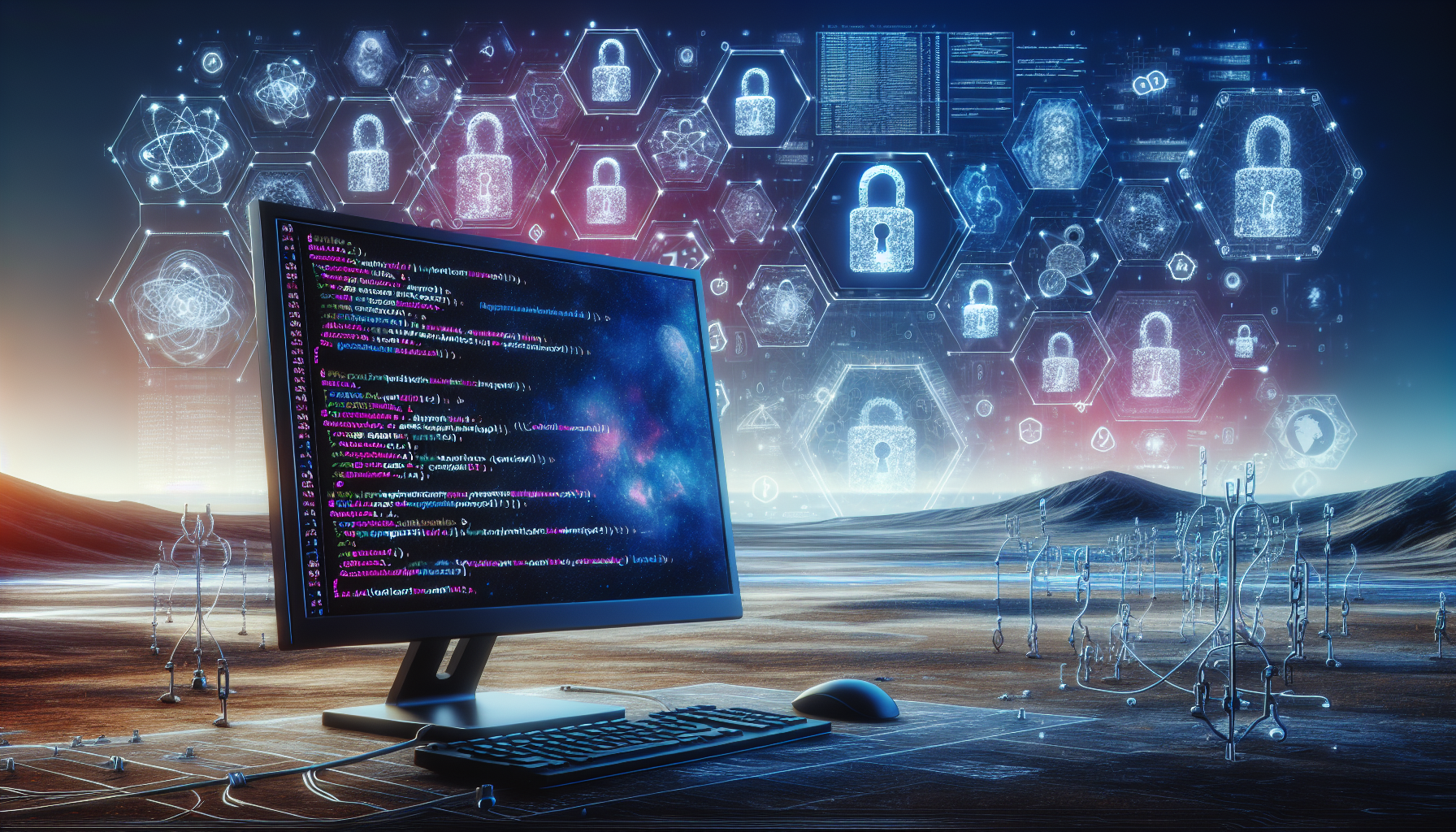 An image showcasing various aspects related to 'Access Control with PHP: Implementing User Permissions'. Display in the foreground a computer showing pieces of coded data with visible PHP syntax, without displaying any actual text or brand names. Behind the computer, there should be an array of abstract figures representing encryption or secure data, and a lock symbol quantifying controlled access. In the far background, a scenic desolate digital landscape to signify the broad virtual sphere of computer programming.