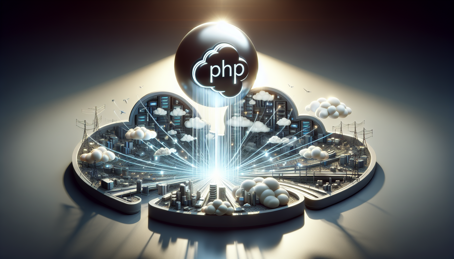 A detailed conceptual depiction showcasing the automation of cloud infrastructure deployment using PHP. The scene should begin from the left with a visual metaphor for PHP - imagine a large, round, pearl-like sphere emitting light and shadow. From it, radiant lines of light should be shown flowing into a simplified, non-branded representation of a cloud, signifying cloud infrastructure. Within the cloud, various abstract structures, like floating islands with buildings and futuristic representation of data centers should be seen. These structures are being formed by the lines of light coming from the PHP sphere. Remember: No people, brand names, logos or text should be present in the image.