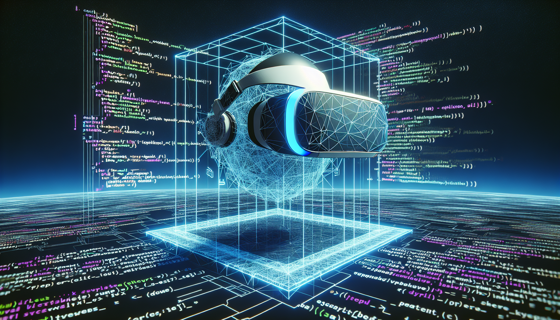 An abstract representation of a virtual reality headset floating in the middle of a web of code lines. The code lines are brightly lit with neon blue and comprise recognizable PHP syntax. Nearby, a 3D grid in VR style surrounds the PHP code, alluding to the immersive nature of VR. The edges of the VR headset and the 3D grid intertwine with code lines symbolizing the coexistence of programming language and virtual reality technology. The background consists of a dark, digital landscape symbolizing the browser environment.