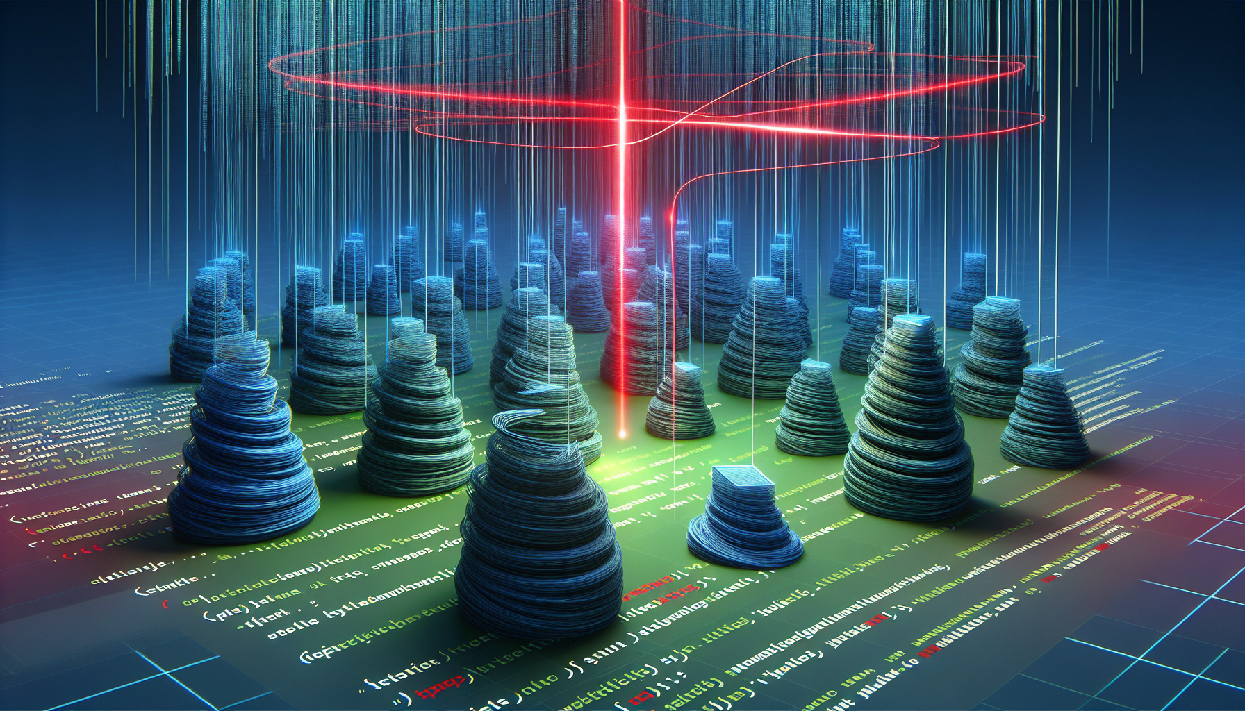 An abstract representation of linting PHP code with PHPStan for cleaner code production. Imagine an array of neatly aligned lines of generic code represented as 3D string-like structures floating in a digital space. Each string presents itself in a green and blue gradient to signify tidy and clean code. Suddenly, a red light beam, symbolizing PHPStan, scans over these strings, removing any knots or irregularities in the structure, thus representing the linting process. As it moves along, the beam leaves behind a beautiful smooth, glowing string of code. The whole scene is set in a futuristic digital landscape devoid of any particular branding, people, text, or logos.