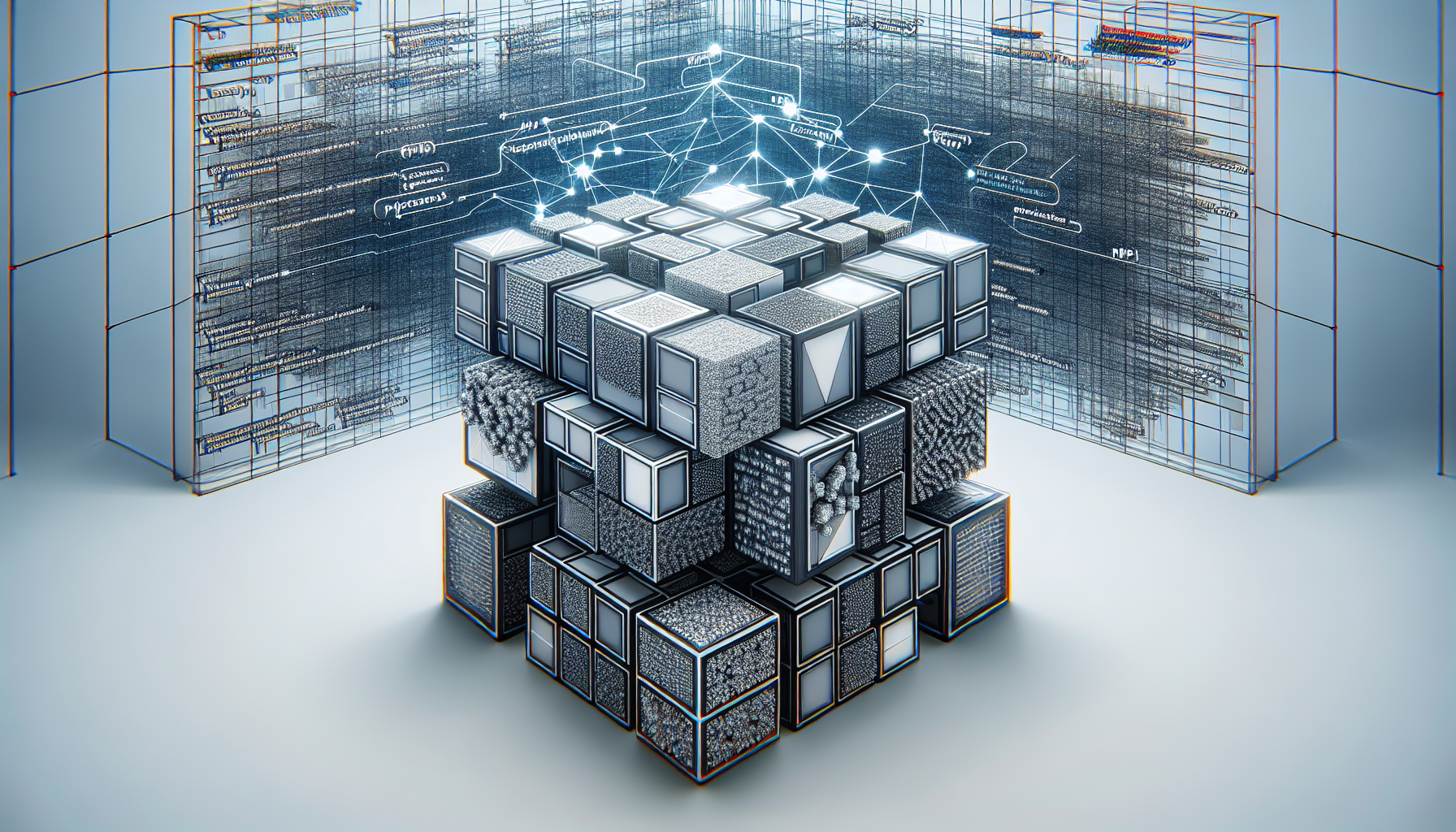 An abstract representation of microservices architecture being built with PHP. The image consists of a multitude of small, interconnected cubes, signifying the microservices. Each cube is filled with intricate, abstract patterns symbolizing PHP code. The backdrop depicts a 3D wireframe network to portray the underlying architecture. Please ensure that no text, brand names, or people are in the image.
