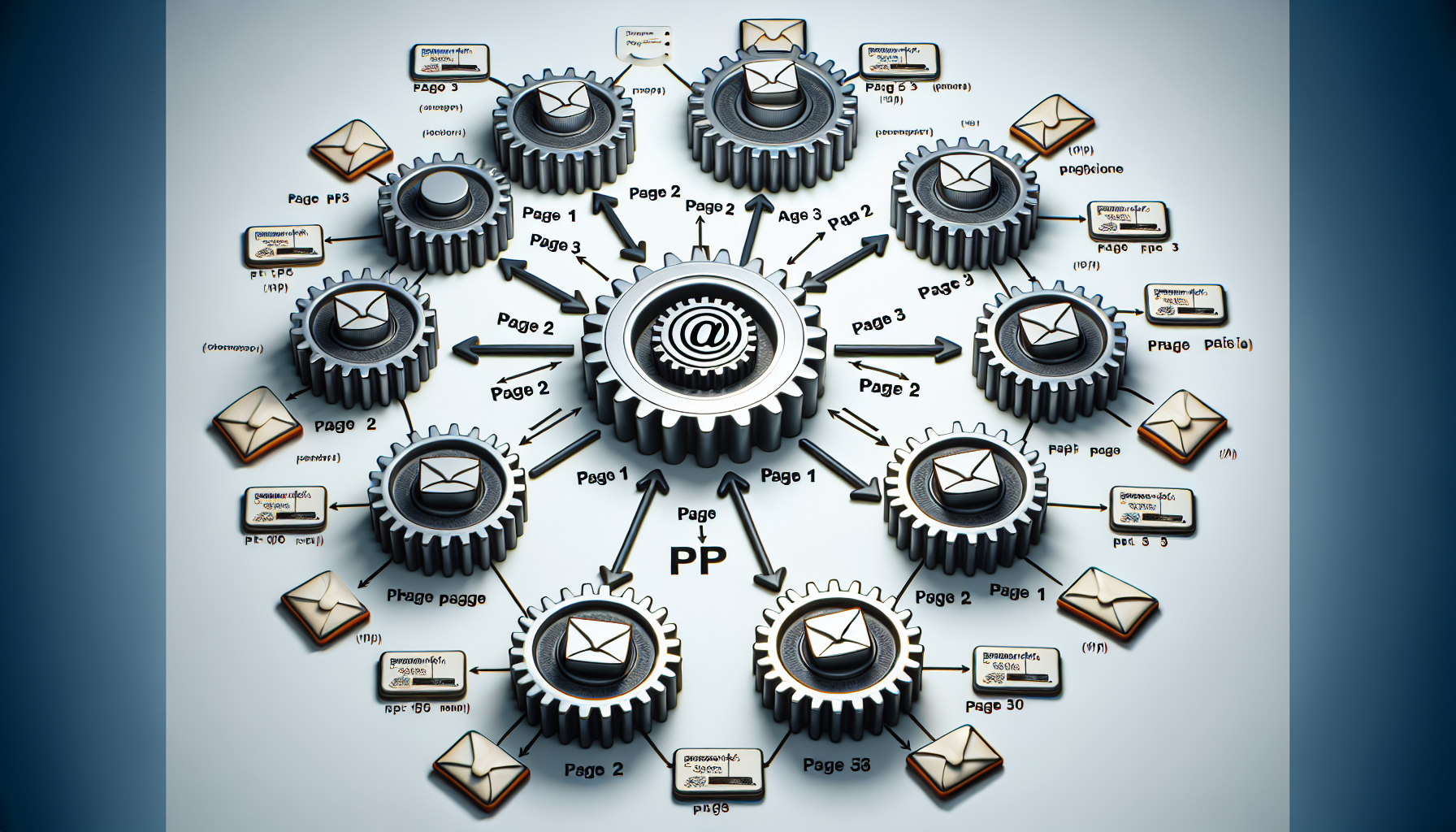 A symbolic representation of PHP sessions managing user data across pages. The image consists of a diagram with interconnected gears that metaphorically signify the different pages in a website. Each gear is labeled numerically - page 1, page 2, page 3 and so forth, with arrows between them representing the flow of data being managed. Also, envelopes symbolize the user data being passed across these pages. A large PHP symbol sits at the center controlling the gears. Please ensure no brand names, logos, people, or text are included in the image.