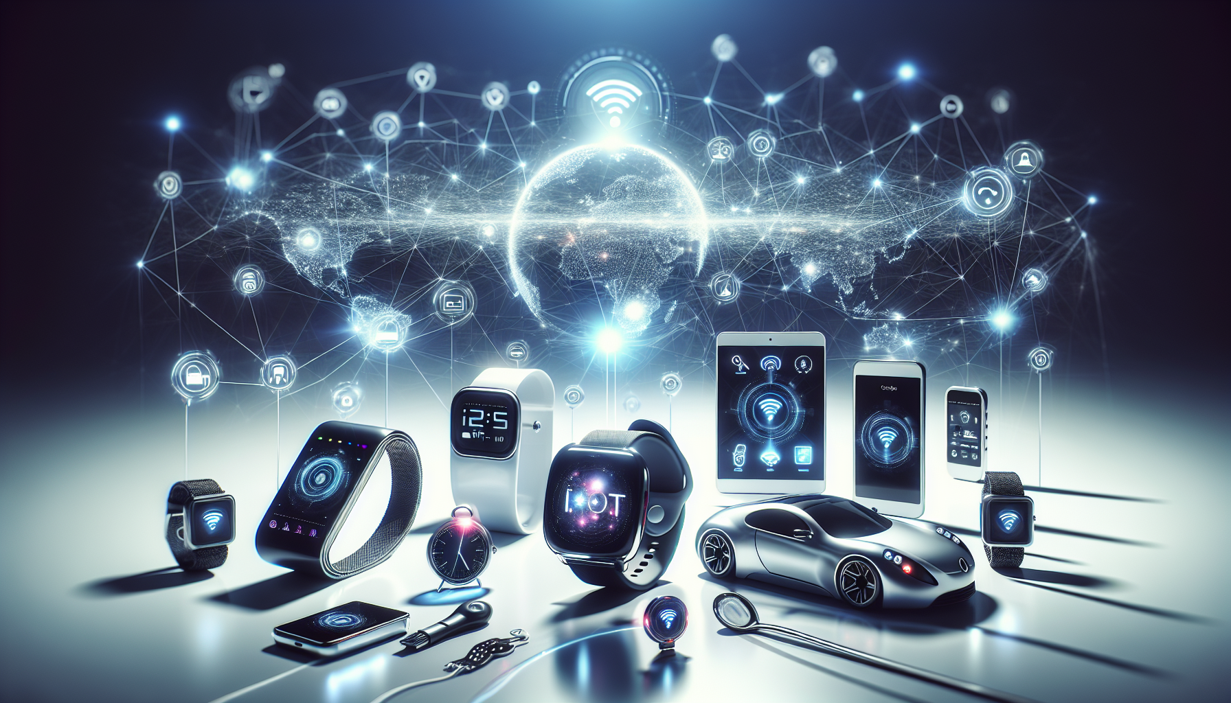 A showcase of the Internet of Things (IoT) combining with PHP: various web-connected devices such as a smartwatch, home automation system, and a self-driving car, all with glowing lights indicating they're connected. The devices are dispersed on a sleek, white surface. In the background, faint, ethereal lines and shapes symbolize connectivity and data. The scene is void of any people, text, brand names, and logos.