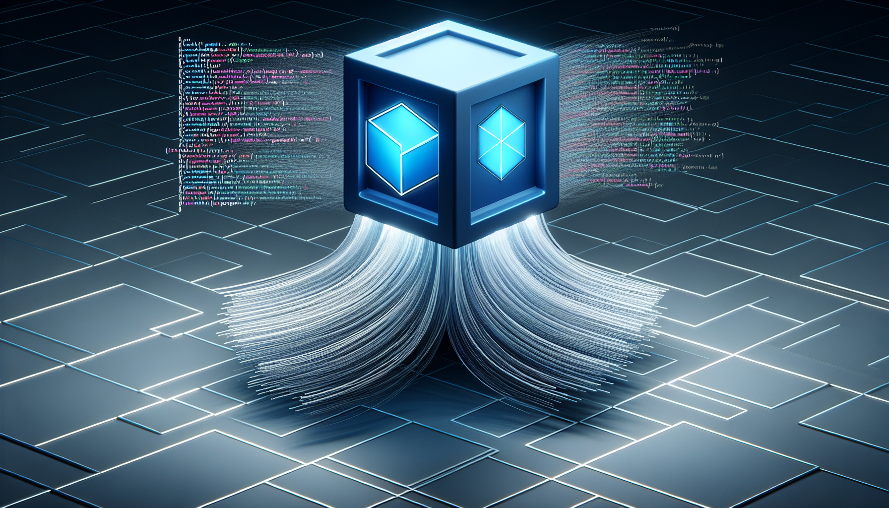 An abstract yet visually informative image representing the concept of optimizing PHP development workflow using Docker, without using any brand names, logos or textual labels. Picture a stream of smooth light grey code strings seamlessly flowing into a vibrant, cubic geometric container representing Docker. The cube should be large, cobalt blue, and subtly glowing to denote activity. Both elements are floating above a dark grey grid symbolizing a structured workspace. The absence of human figures and text makes the image universally understood.