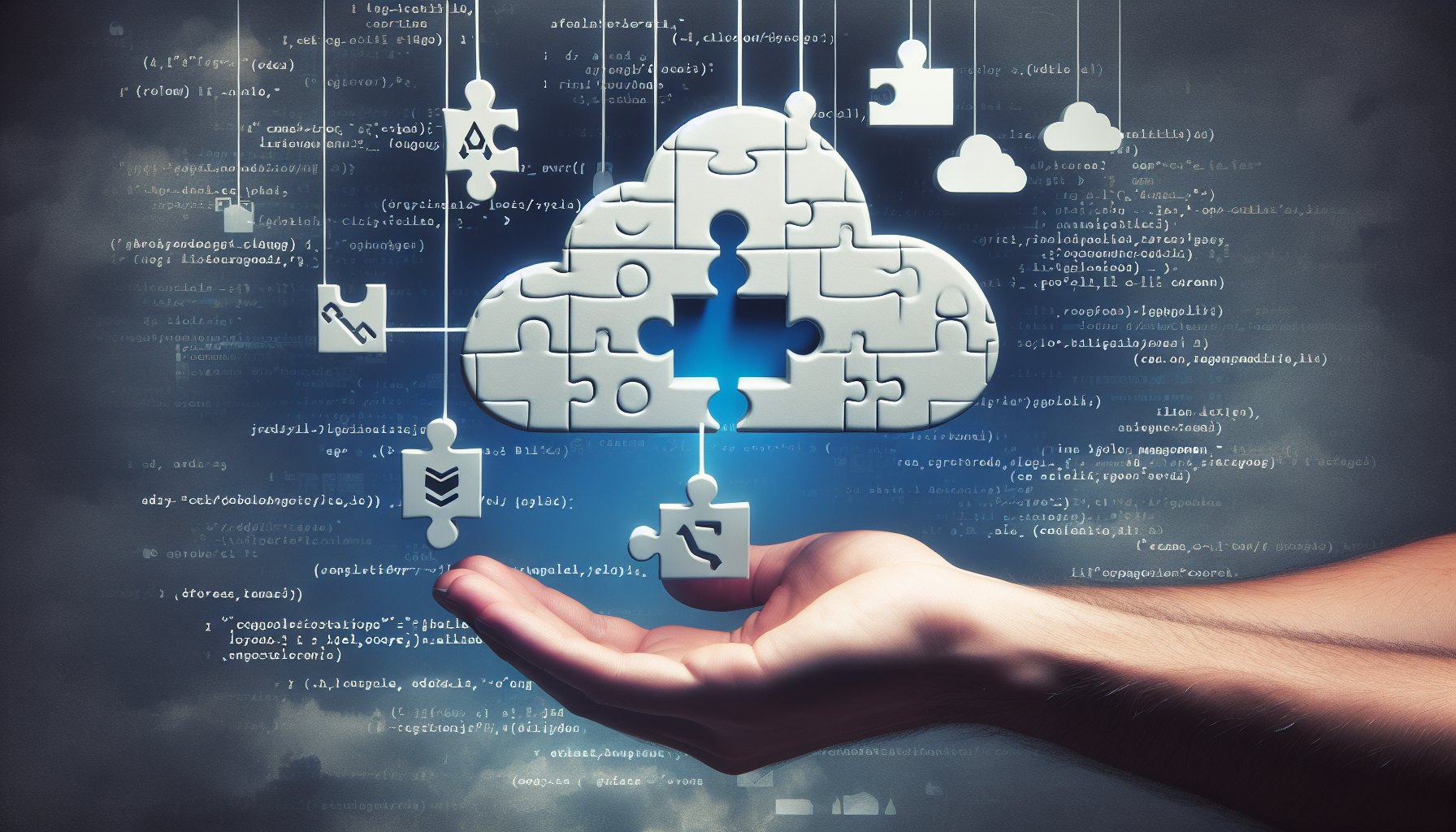 An image being utilized for an article, devoid of any human presence or text. The image should depict the abstract concept of integration between different elements, illustrated via a metaphor of puzzle pieces fitting together. The puzzle pieces could symbolically represent programming language, represented by a symbol of brackets, and cloud storage, symbolized by a cloud shape. Additionally, visualize file management through a visual metaphor of a traditional file cabinet or a folder. Also, ensure that there are no brand names or logos in the image.