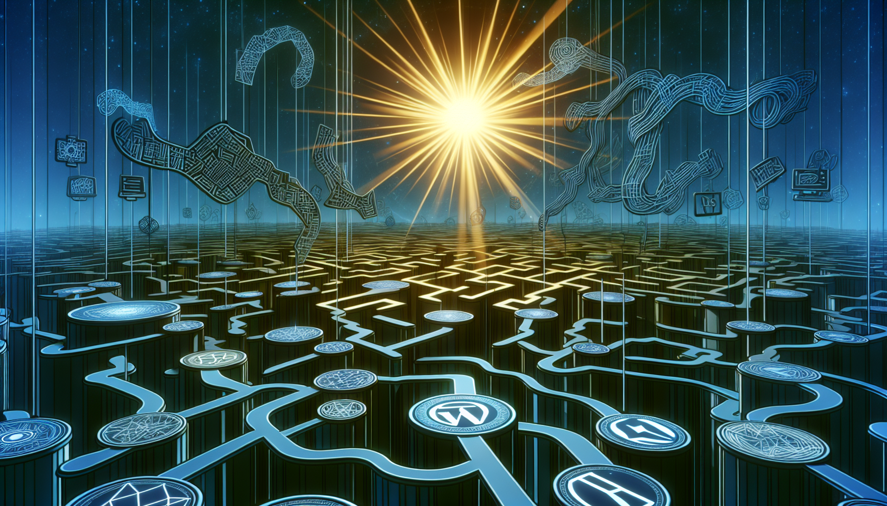 Visualize an abstract digital environment where different types of technology symbolize coding aspects. A radiant sun metaphorically represents PHP, with its powerful rays extending to touch and illuminate multiple floating structures, each structure resembling a unique REST API endpoint designed in a minimalist and symbolic style. Pathways branching off from these endpoints, tangle and intertwine, forming intricate patterns that seem to echo the complexity and interconnectedness of the digital network. This labyrinth, a representation of WordPress, spans the entire image. The entire ambiance is set in deep hues of blues and greens with dashes of luminous yellow.