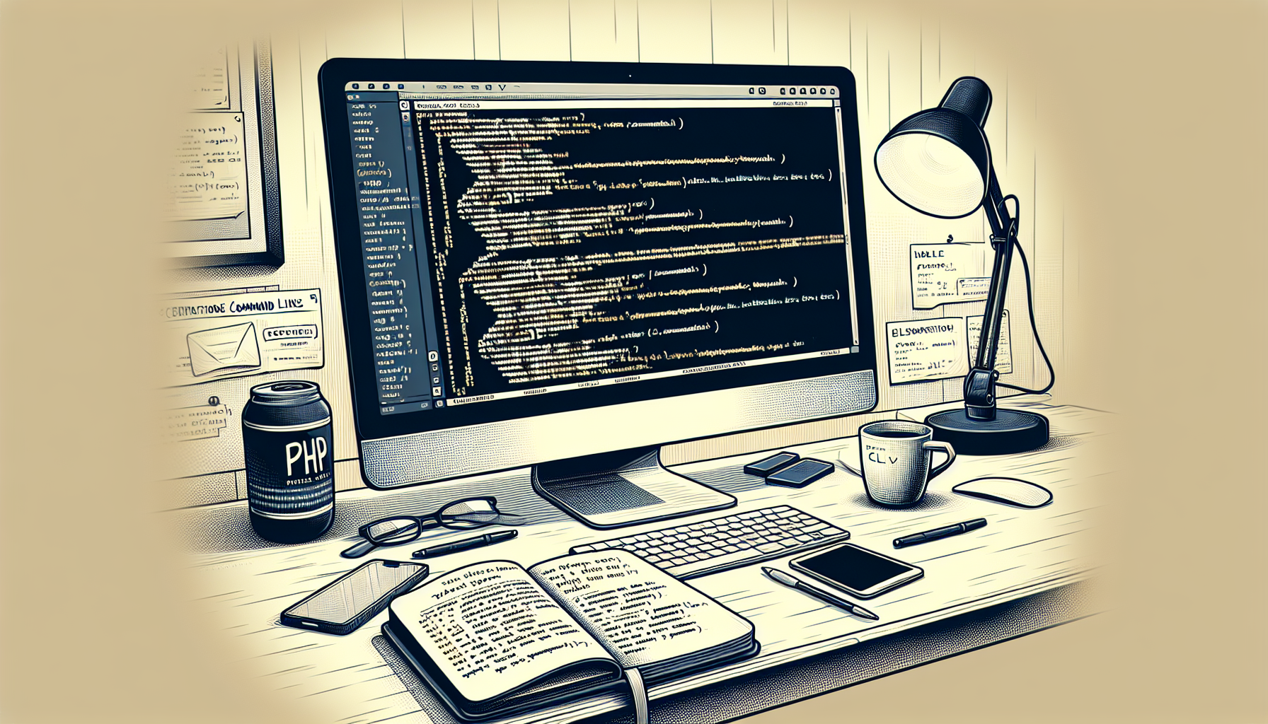 An illustration featuring a close-up view of a computer monitor displaying lines of PHP code. A command line interface is visible in the background, and command lines are being executed. On the desk, there is a notebook with handwritten notes about PHP CLI and a half-full cup of coffee, without any brand name. The setting is a well-lit workspace without any people around. There are no logos, text, or brand names visible anywhere in the image.