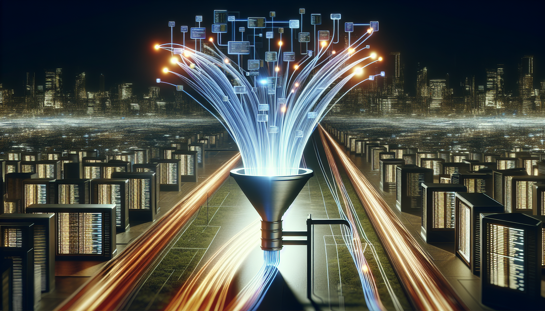 A visual representation of data streaming through lines that look like flowing rivers. These lines split into offshoots, symbolizing the concept of 'generators' in programming. Imagine a giant funnel at one end, receiving data, converting it into glowing threads of light that flow into various channels. Towards the other end, it showcases the data splitting into multiple streams, indicative of efficient data iteration. All set against a cityscape at night with no people visible. Background elements should include servers, network cables, monitors displaying code, but without identifiable brands or text.