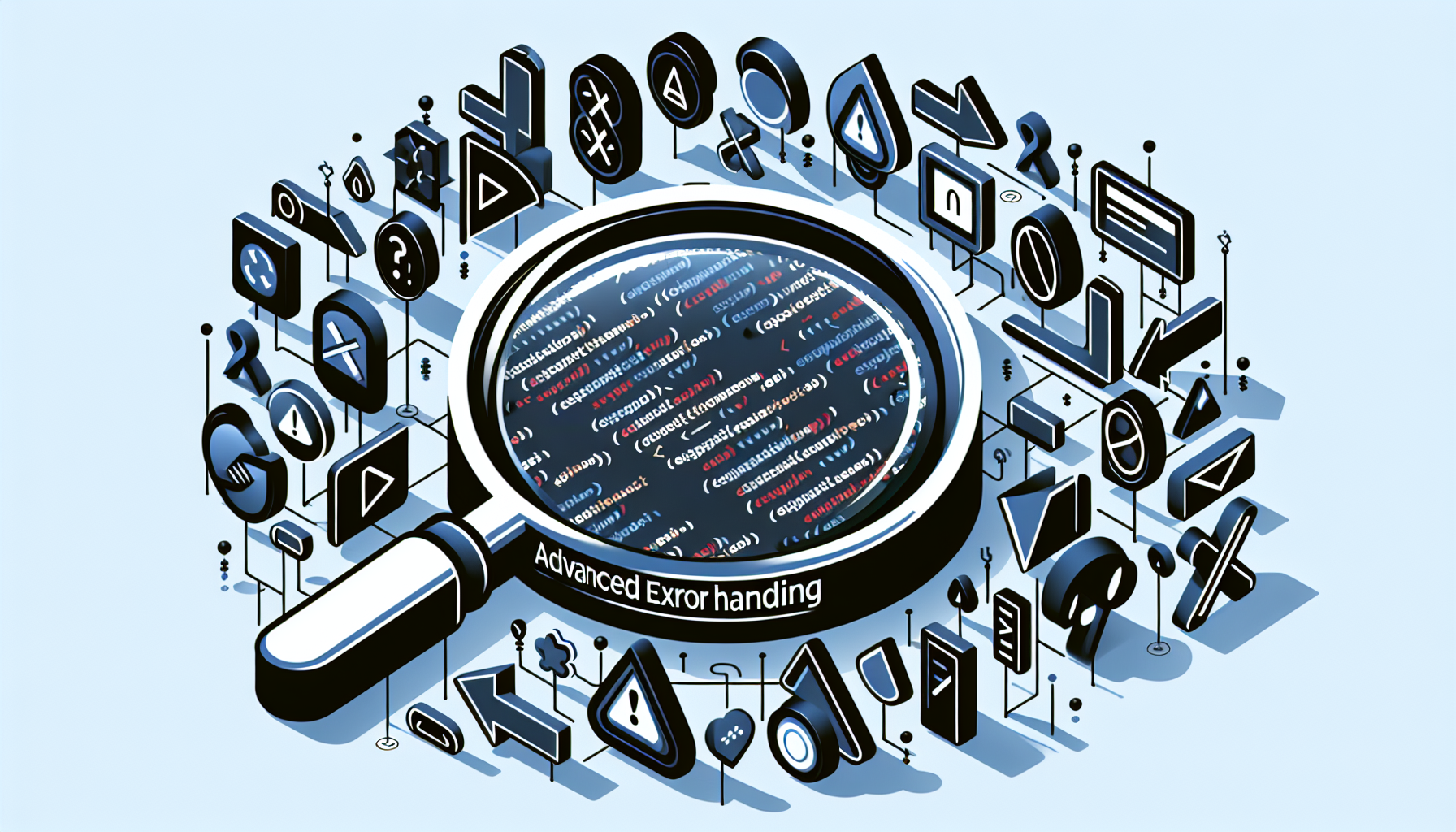 A symbolic representation of advanced error handling in PHP with custom exceptions classes. In the center, a magnifying glass is hovering over a snippet of unbranded, stylized PHP code which contains exception handling blocks. On edges of the image, different symbols representing various exception classes, like arrows and stop signs, all abstract and unbranded. No text, no brand names, no logos and no people are visible within the image to respect the requester's preferences.