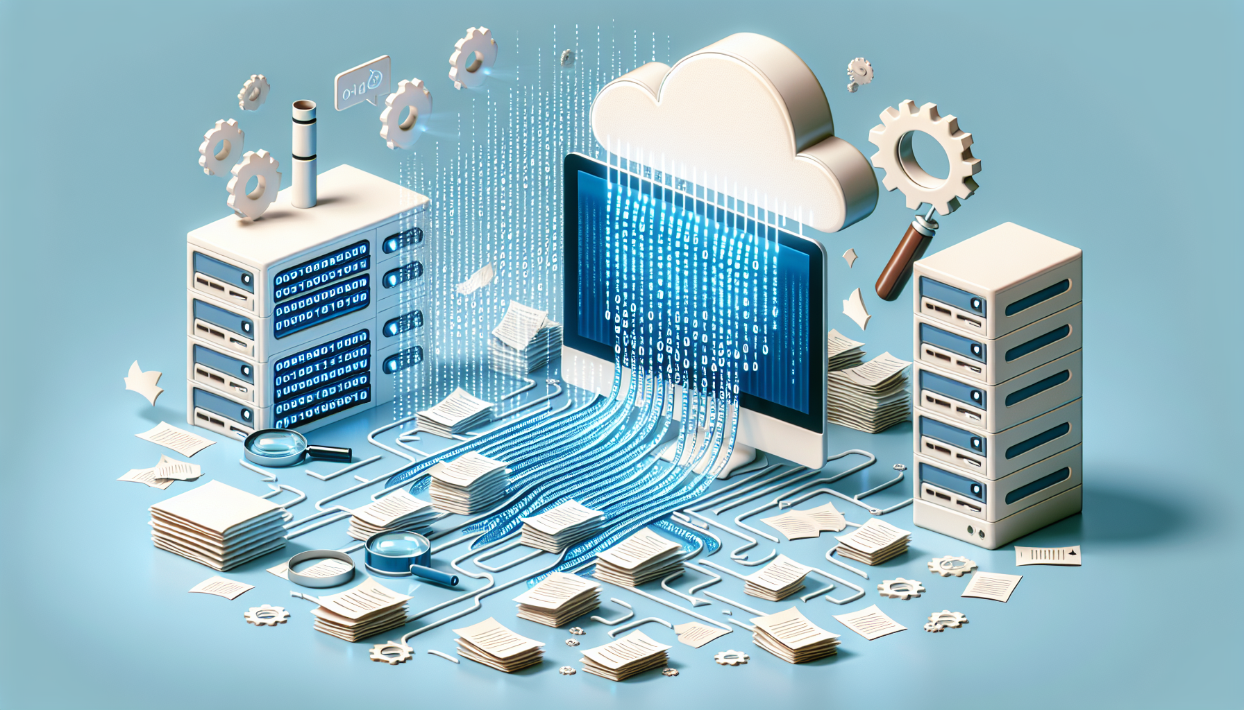 A conceptual representation of PHP streams for large file processing. Visualize a computer monitor showcasing streams of illuminated binary codes suggesting data transfer. Nearby, a stream of paper documents, representative of large files, flowing into the monitor. The surrounding area has symbolic elements such as magnifying glass, gears signifying processing, and server tower. All icons and symbols are abstract and not connected to any brand. The environment is devoid of human presence. The color scheme is light blue and white, representing the tech theme.