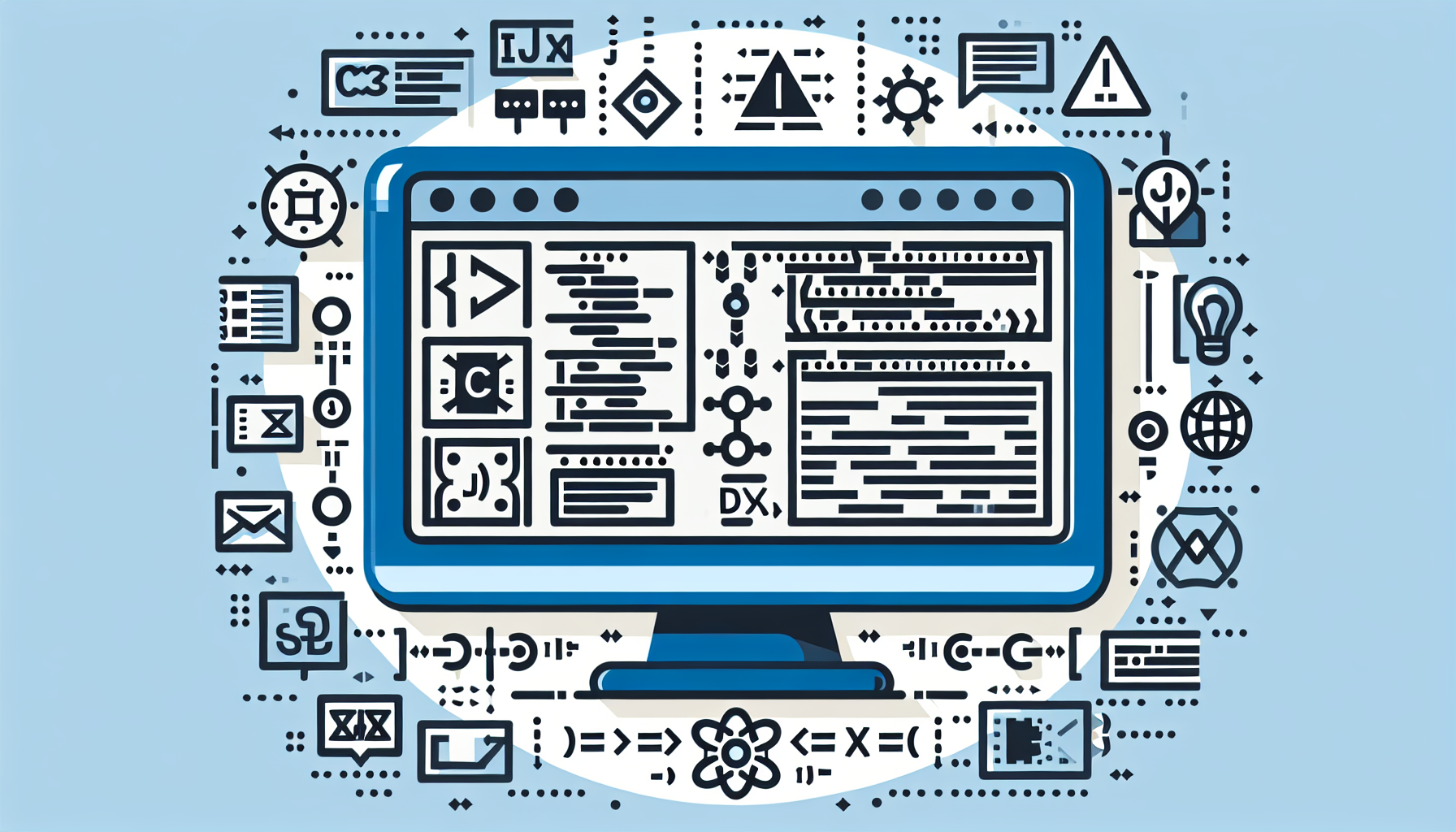 Visual representation of a JavaScript function with iconographic elements. The image should include the clear depiction of a computer monitor displaying symbolic representation of different functions. Possibly, the computer screen could feature programmes written in JavaScript into small segments indicative of various kinds of functions. The representation should focus on the function declaration, function expression and other aspects of JavaScript functions. Please ensure the entire image is devoid of any human presence, text, brand names, and logos.