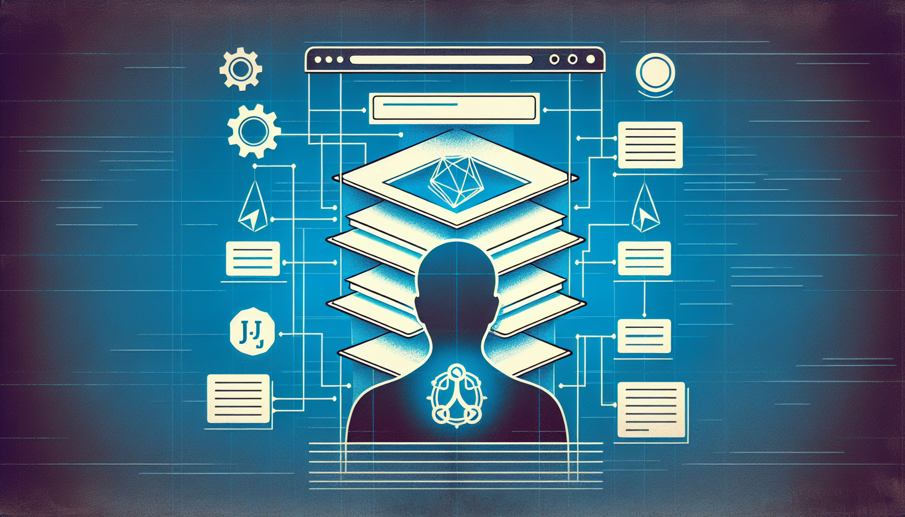 An abstract representation of DOM (Document Object Model) manipulation with JavaScript. The image features a stylized web page silhouette with multiple layers, illustrating the hierarchical structure of DOM elements. Each layer symbolizes different elements like headers, footers, nav tags, divs and more. Superimposed on this silhouette, there's a symbol or icon representing JavaScript implying its interaction with the elements. No text, brand names, logos, or human figures are included in this image. Instead, the focus is purely on the technical aspect of web page enhancement through JavaScript.