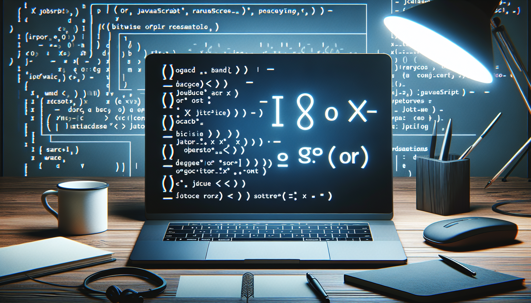 An image ideal for an article about JavaScript's bitwise operators. The image features a large laptop in the center, with the screen displaying symbolic representations of bitwise operators - like AND, OR, XOR, NOT - without using actual text. The entire scene is set on a tidy wooden desk with other programming essentials like a coffee mug, a headset, and a notebook but devoid of any people, brand names, or logos.