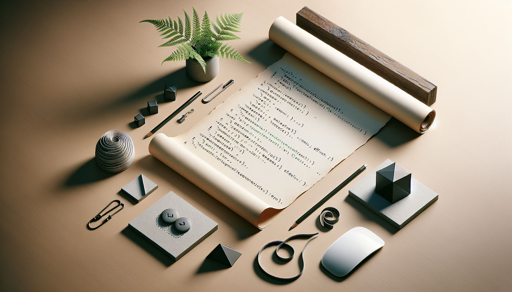 A flat-lay journey through the process of coding, devoid of human presence. Visualize an open paper scroll unfurling across a minimalist wooden desk. Alongside lie programming elements: etchings of JavaScript code on the scroll, geometric shapes symbolizing effects, while nestled nearby is a stylized and abstract interpretation of a mouse, and touch of greenery from a small fern. The subtly lit environment ties the scene together, emphasizing the potential the written code holds. Avoid brand logos, text, or human figures.