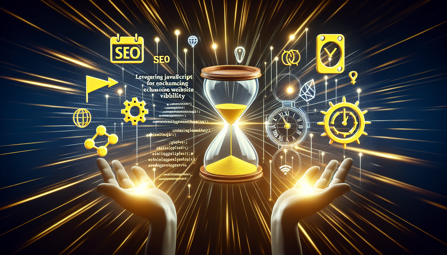 Create a conceptual representation of the idea of 'Leveraging JavaScript for SEO: Enhancing Website Visibility'. Include symbols that represent JavaScript, like yellow and black shapes denoting code snippets, and an hourglass symbol to represent SEO. Surrounding these symbols, show light beams expanding outward to dramatize the idea of visibility enhancement. The composition should be devoid of human representations, textual elements and brand logos.