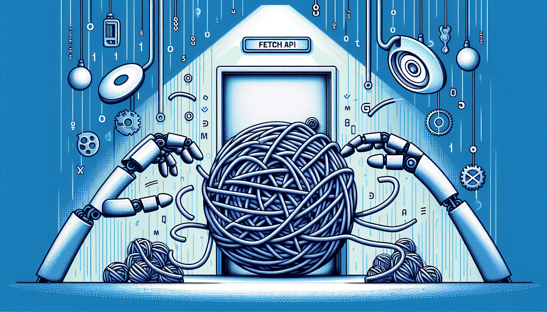 A stylized illustration capturing the abstract concept of JavaScript's Fetch API. The image features a large ball of string representing tangled JavaScript code being unwoven by two robotic hands. The string leads to a door that symbolizes the 'Fetch API. Surrounding the scene are futuristic bric-à-brac such as cogwheels, binary symbols, and data streams. No humans, text, brand names, or logos are present, abiding by the specified restrictions.