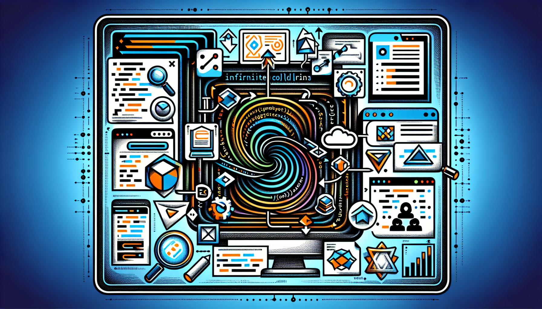 Generate a conceptual visualization representing the process of implementing infinite scrolling in JavaScript but excluding any textual elements. The image should mainly focus on computer programming symbols and iconography without showcasing any people or brand names. It should encapsulate different stages like coding, testing, and deploying to indicate the comprehensive process involved. For instance, an iconographic representation of a computer monitor displaying indefinite scrolling lines symbolic of an infinite scroll, a magnifying glass scanning the lines of code to symbolize testing, and the use of arrows indicating the constant upward or downward scrolling movement.