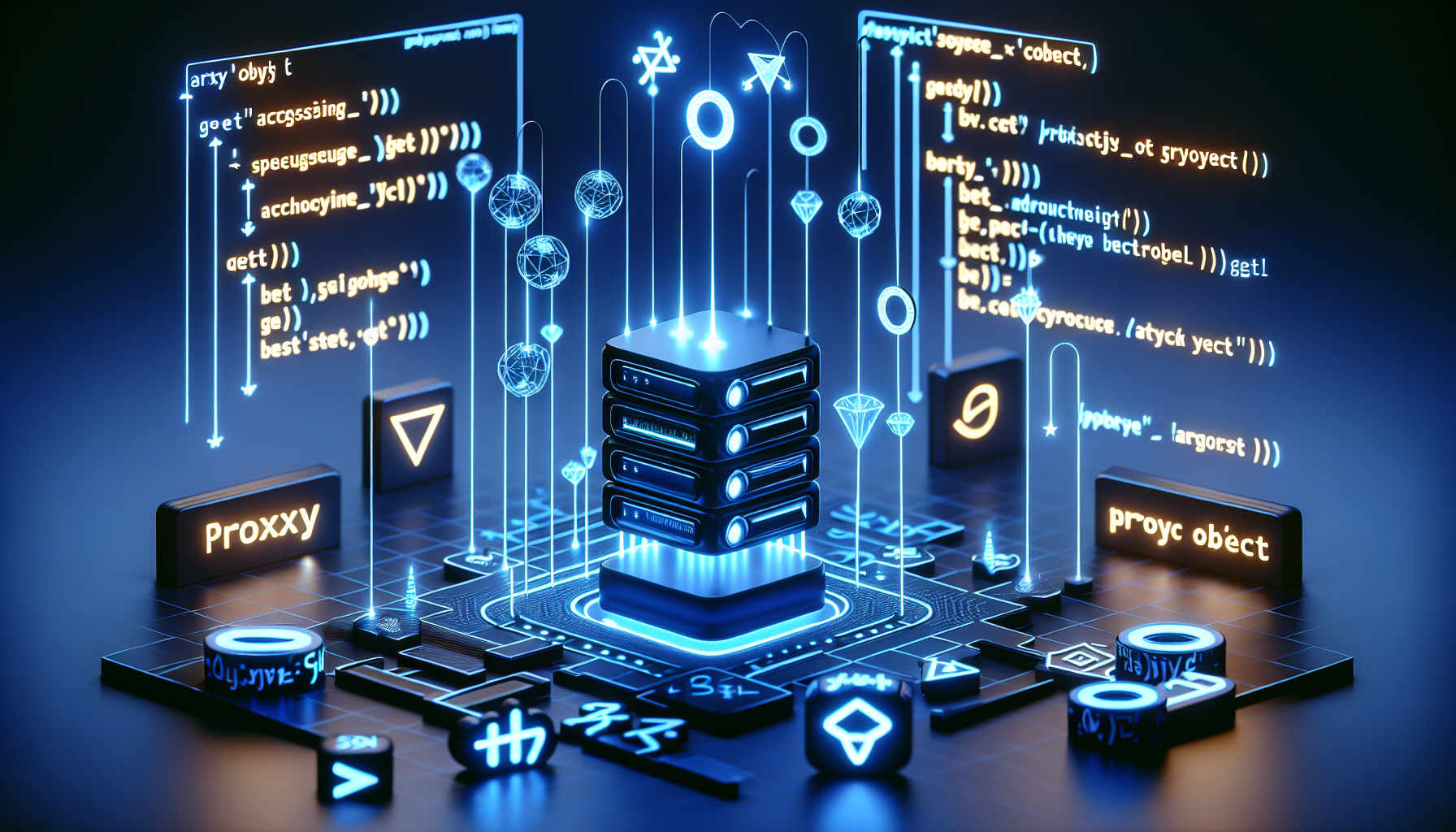 Create an image illustrating the concept of JavaScript's Proxy object. The image should contain symbols that can be related to programming and coding. Incorporate visual elements like a traditional looking proxy server emitting connection lines to reflect accessing, 'get', and 'set' operations in the Proxy object. Alongside, add semantics like braces and symbols related to the JavaScript language, but avoid any text or brand logos. The scene should be designed with a futuristic feel, filled with blue neon lighting to reflect the digital world.