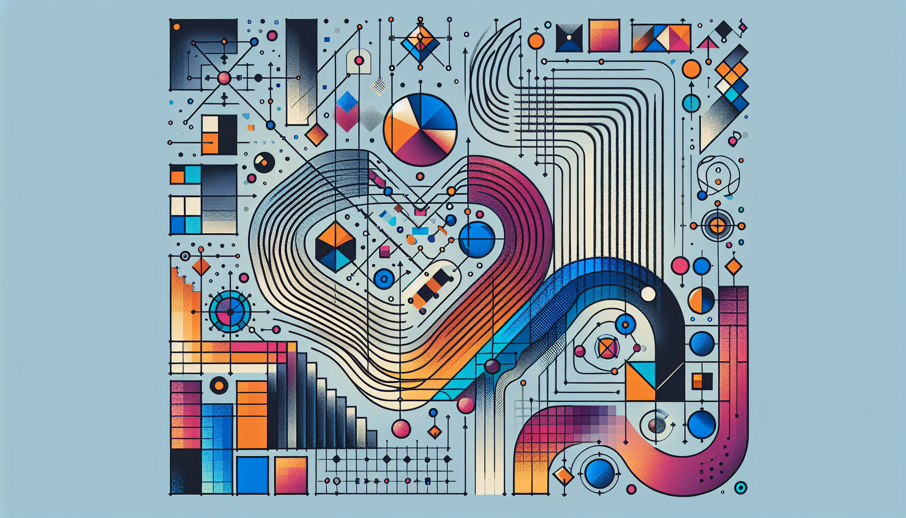 A visually abstract representation indicative of the concept 'JavaScript String Methods'. This representation features an array of geometric shapes interplaying with each other symbolizing different steps of text manipulation. Bring in squares, triangles, and circles to signify different methods. In the center, imagine a large string symbolized by a wavy line that changes its shape or color as it interacts with these shapes, depicting the effect of those methods. Colors should be vibrant yet harmonious, setting the image in a digital, code-inspired environment. All elements are devoid of any text or brand name, keeping the image purely illustrative.