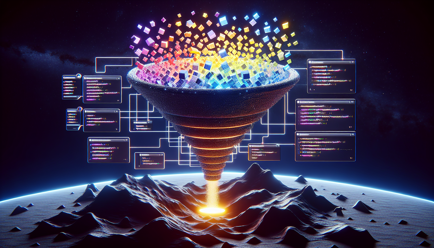 A visual representation of JavaScript's Reduce method in a context of advanced array manipulation, embodied by an abstract digital artwork. This portrays the method as a funnel, with multiple colorful pieces of information (depicted as glowing binary cubes) from an array entering its wide open top, getting processed and merged one match at a time, then a single piece of information releasing from its narrow bottom. The setting is an asteroid in outer space, presenting a futuristic mood. Lastly, maintain abstraction and avoid specific affiliations, personnel, and textual descriptions.