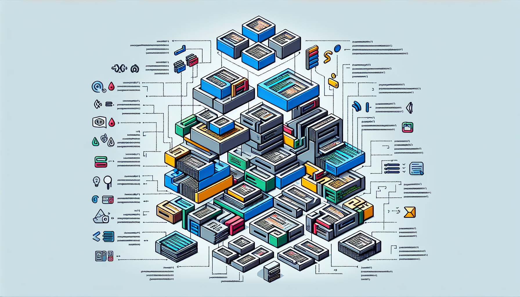 An image display specifically organized for explaining the process of creating reusable JavaScript components. The depiction consists of a set of distinct layers, each representing a different stage in the creation process, starting from basic code structure to a versatile, reusable component. In the details, Symbols like curly brackets and semi-colons signify the language of JavaScript. Several building blocks, each labelled with generic but recognizable symbols denoting different functions or modules of the JavaScript language. The blocks are designed interchangeably, signifying the reusable nature of the components. No brand logos, no text, and no individuals are included in the composition.