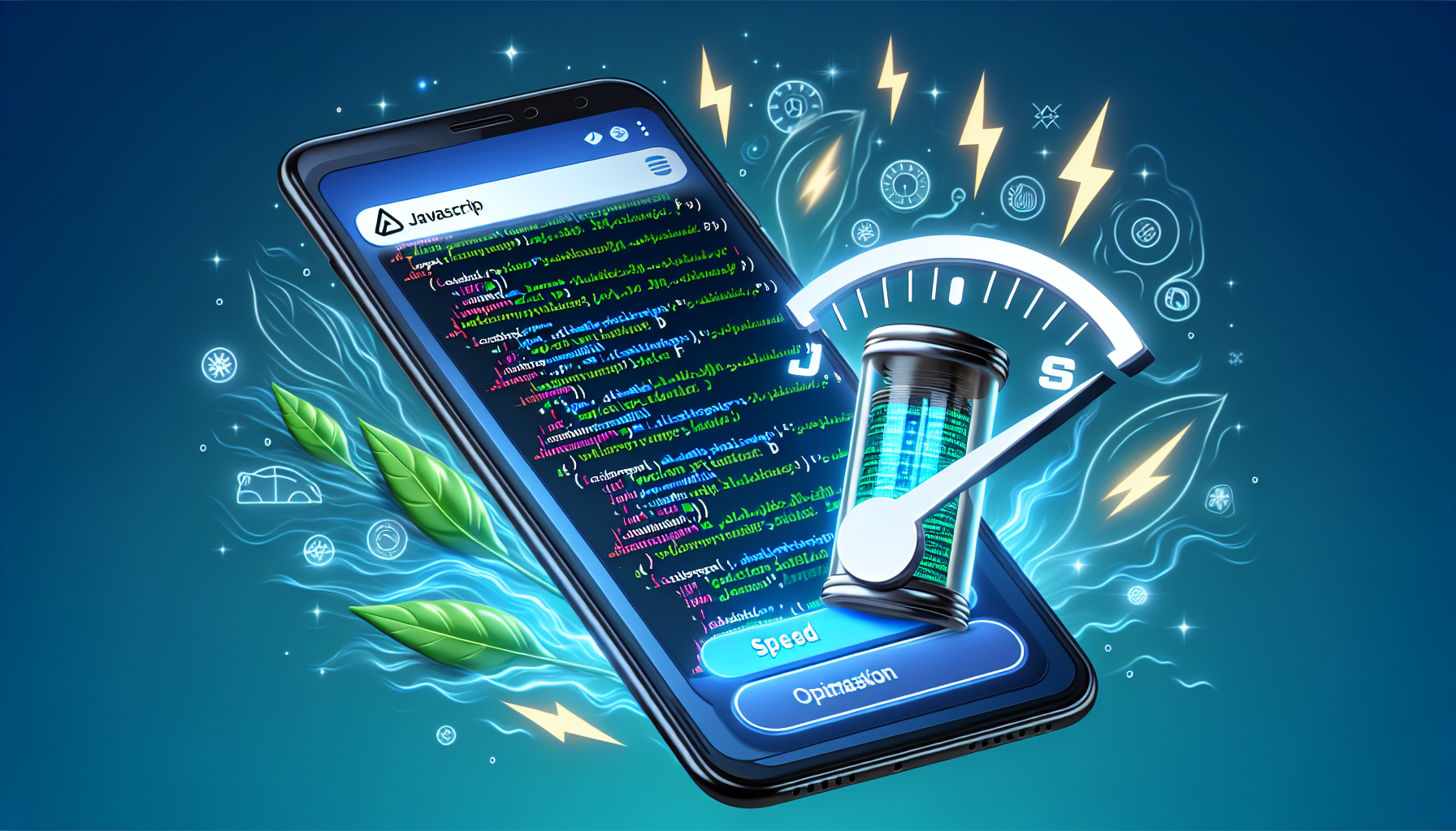 Depict a mobile device screen showing a web page loaded with javascript code and subtly indicated speed enhancements, such as lights swiftly moving within the code, and a fuel gauge icon filled to maximum, symbolizing optimization. Ensure the device is floating on a background decorated with artistic representations of improved performance, such as lightning bolts and speed lines. Exclude any people or text on items in the image, and avoid any brand names or logos.