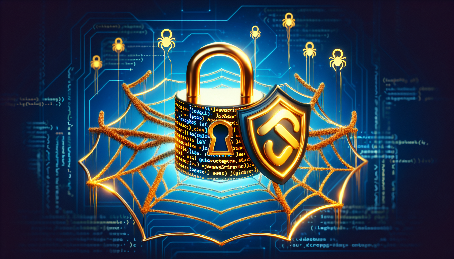 A metaphorical image representing the concept of securing JavaScript web applications from XSS attacks. The image features a golden lock, symbolizing security, placed over a stylized illustration of a spider web, representing the internet or web applications. The abstracted elements of JavaScript code can be seen flowing through the web. A stern, deterrence-giving shield positioned close to the web, embodying the prevention of XSS attacks. Everything is against a digital blue background, giving a tech-focused vibe. No text, brand names, logos or humanoid figures are included.