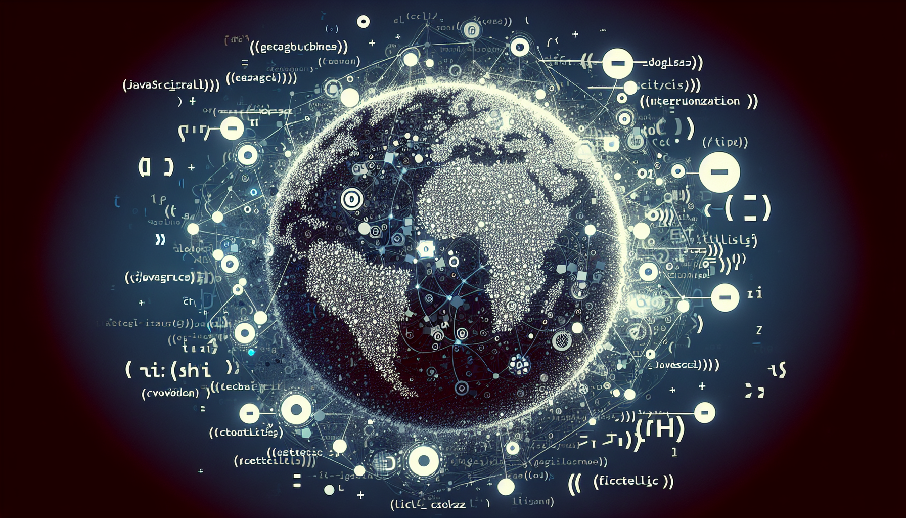 Generate an abstract image symbolic of JavaScript's Internationalization API and the concept of Global Websites. Visualize a globe with several interconnected nodes symbolizing the worldwide web. In the foreground, hint at the coding aspect with symbolic representations of brackets, semicolons and other coding elements. Please ensure no text, brand names, logos or human figures are included in the image.