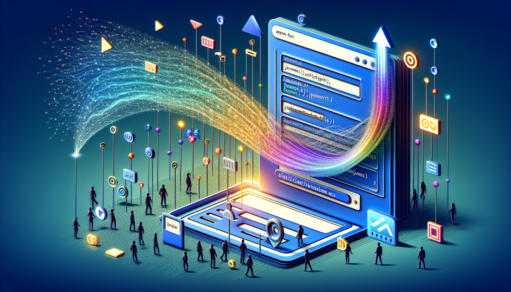 An abstraction representing dynamic form validation techniques with JavaScript. Imagine a large blank website form on the left with various input fields like a text box, a dropdown menu, checkboxes, and a submit button. Near each input, there's a pointer made of codes heading towards it. The codes are small JavaScript snippets in vibrant colors, gleaming and fluctuating, signifying their dynamic nature and flexibility. On the right-hand side, a large wave-like JavaScript logo symbolizes the driving force behind this dynamic interaction. Please avoid including text on items or any brand logo, as well people in this scene.
