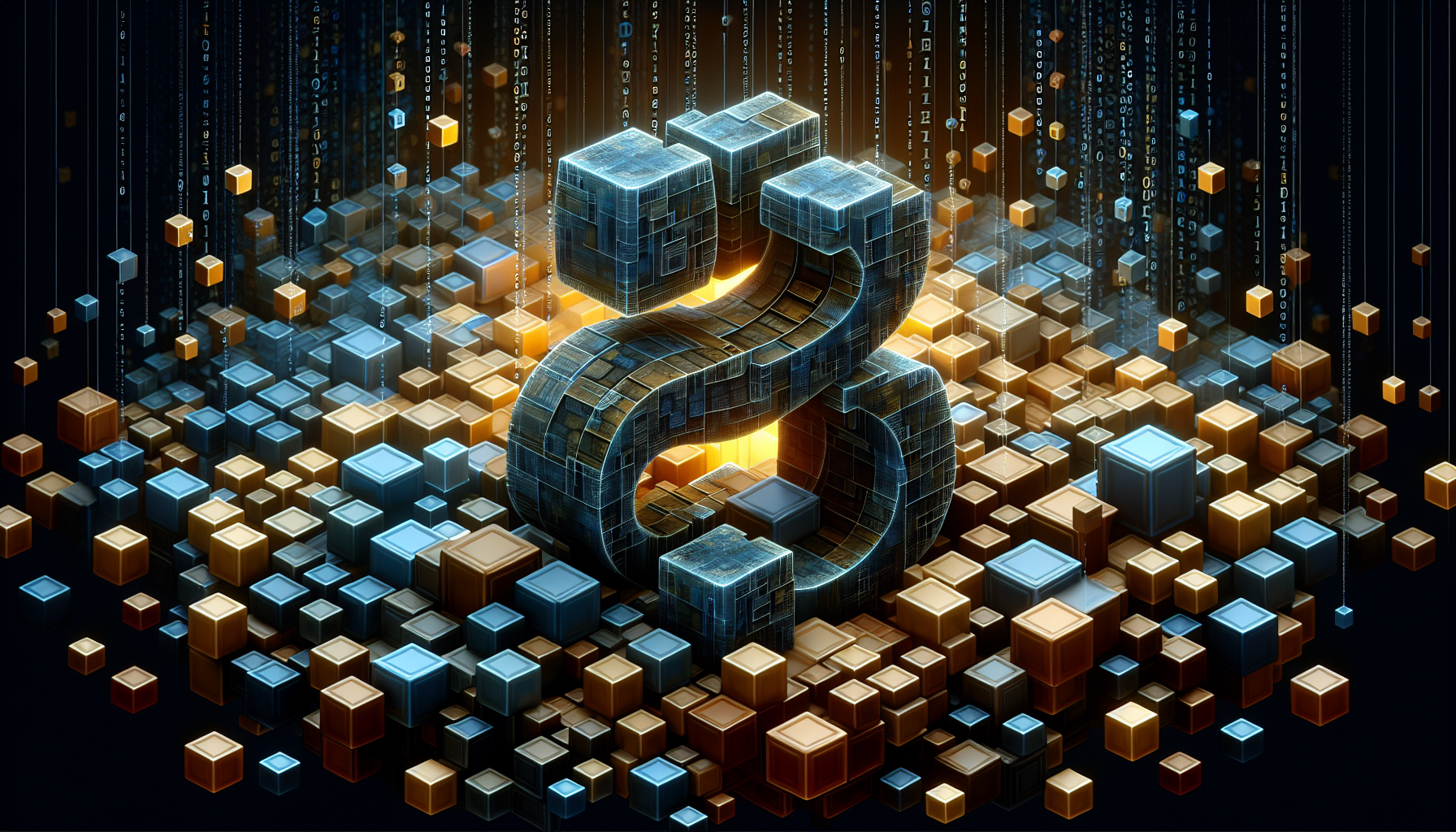 An abstract image related to JavaScript coding. The center of the image features a large, translucent, golden-bronze curly brace symbol - a characteristic of script coding - looming over a backdrop of modular, three-dimensional interconnecting cubes, representative of modular coding. The cubes have different shades of blue, creating a sense of diversity, multiplicity and interspersed amongst the cubes are smaller curly brace symbols subtly glowing. In the background, hints of binary codes fade into obscurity, giving a subtle nod to the digital nature of the theme. Despite being abstract, the image gives off an captivating and complex vibe synonymous with coding and JavaScript.