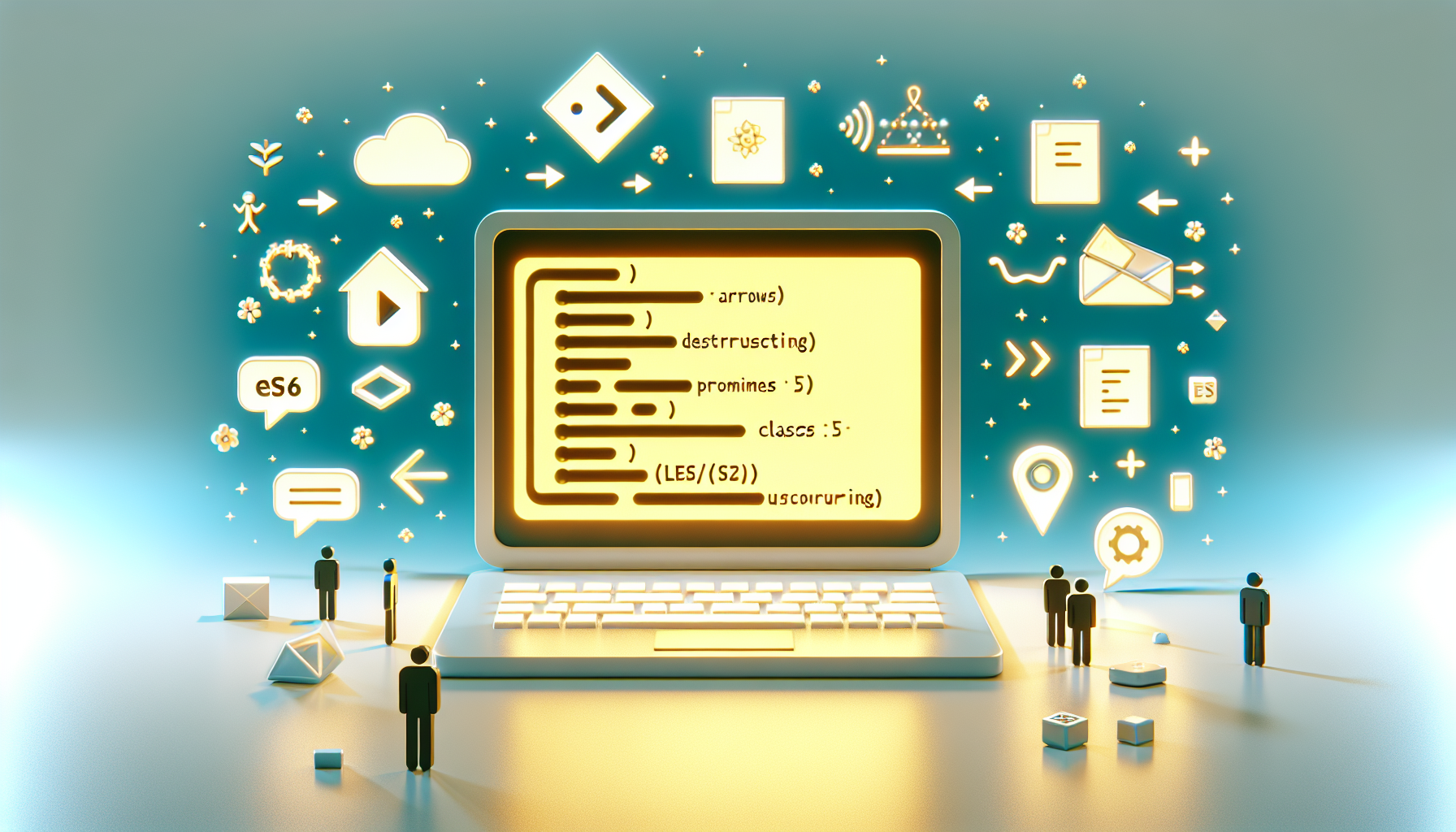 A high-resolution graphic illustration emphasizing the theme 'Introduction to JavaScript ES6'. The scene shows a large, glowing modern laptop mid-screen that's displaying significant JavaScript ES6 features such as arrows, LET/CONST, and classes symbolically. Alongside the laptop, flat icons representing a symbol for each of these concepts: destructuring, promises, and modules, are peacefully floating in the white space. The use of a subtle color palette is preferred - bright yellow for arrows, green for LET/CONST, light blue for classes, and more subdued colors for the others. The overall design remains elegant with simple, minimalist aesthetic and no people, text, brand names or logos.