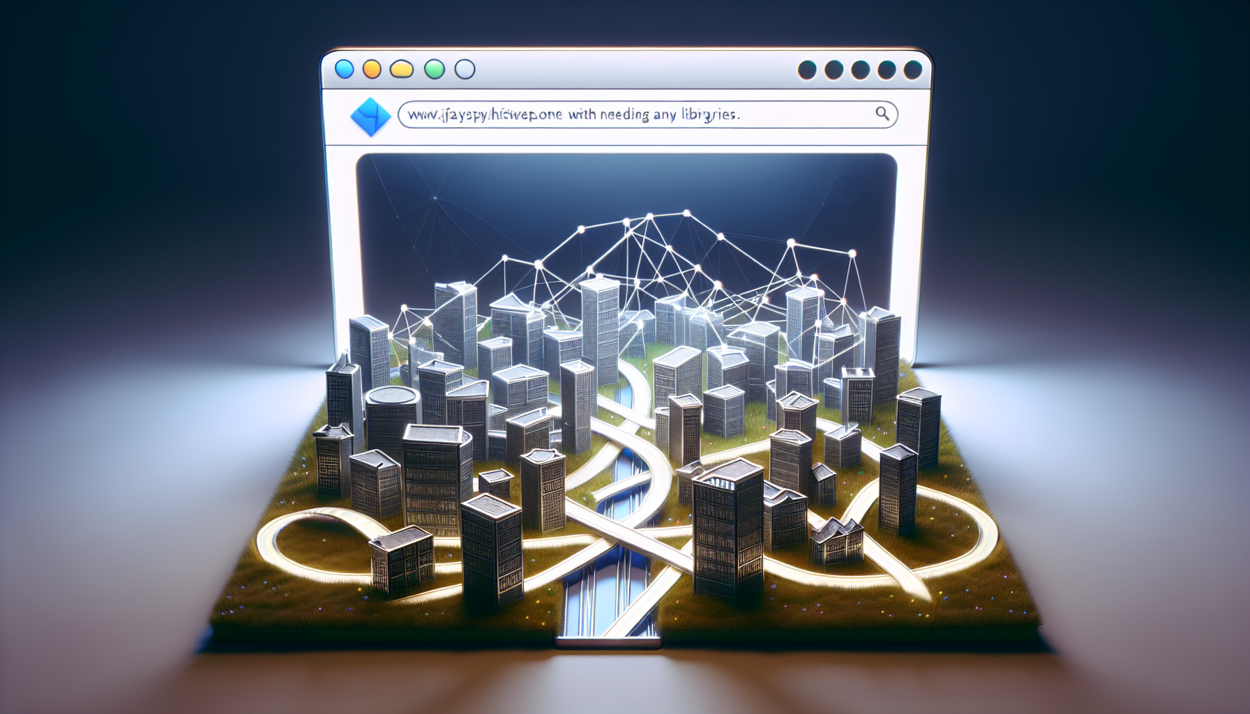 An image representing the concept of the JavaScript History API for the purpose of building Single Page Applications (SPAs) without needing any libraries. The centerpiece of the image is a large, three-dimensional browser window. Inside the window, instead of a webpage, there is a detailed, interactive 3D model of a city with various buildings signifying disparate web pages of an SPA. A network of roads symbolizing different routes connects the buildings, navigating the landscape fluidly and highlighted with a glowing effect to symbolize the History API in action. No people, brand names, or logos are present, and no text is visible.