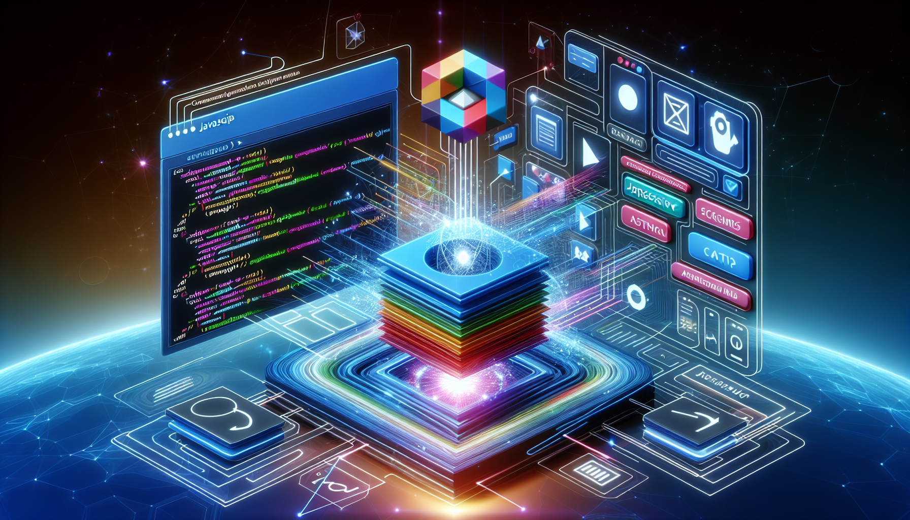 An image illustrating the abstract concept of JavaScript's role in Progressive Web Apps, without any text or brand names. The scene could include JavaScript represented by a schematic diagram of code inputting into a simplistic abstract device symbolizing a Progressive Web App. This device could be presented as a futuristic tech object, radiating with vibrant colors to show its dynamic nature. The process should appear seamless and efficient without any human interaction. No inclusion of people or logos, just symbols and metaphors.