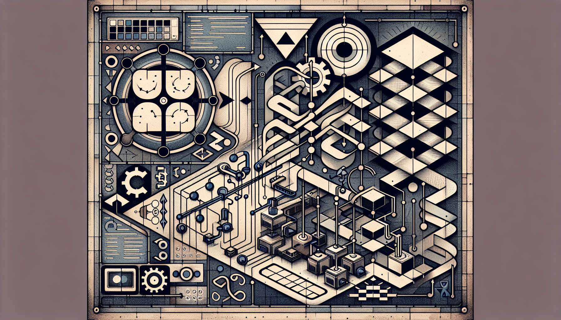 An illustrative image for an article related to JavaScript Generators and Iterators, devoid of any text or human figures. The image contains symbolic representations linked with programming and iteration. Includes two contrasting elements, one signifying 'Generators' portrayed as a machine producing multiple geometric patterns in sequence, and the other indicating 'Iterators', depicted as an infinite loop interlinking the geometric patterns. Ensure that there are no brand symbols, logos, or text within the items in the image.