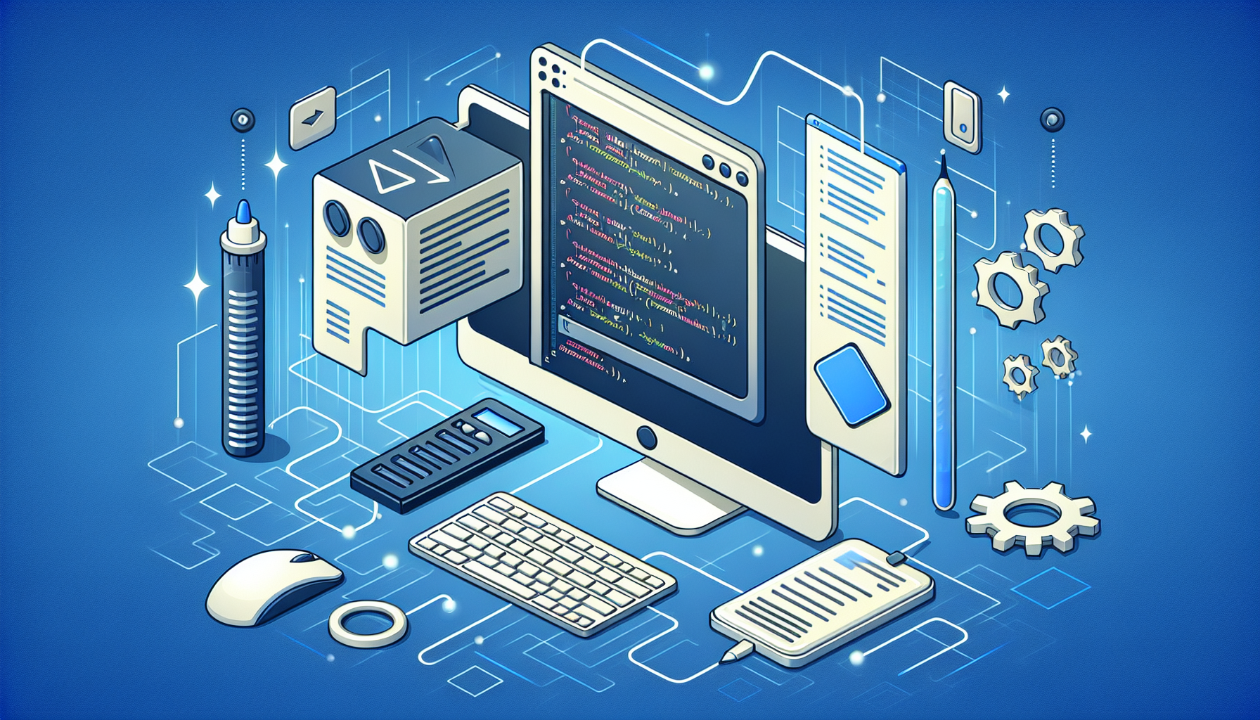 An illustration depicting the process of creating a JavaScript slider. The image shows a computer screen displaying lines of JavaScript code. Next to the screen, there are graphic elements representing programming tools. There's a virtual slider moving between these elements, symbolizing the extraction of tools to form a functioning JavaScript slider. All the objects are generic and unbranded, and no people or text are included in the scene.