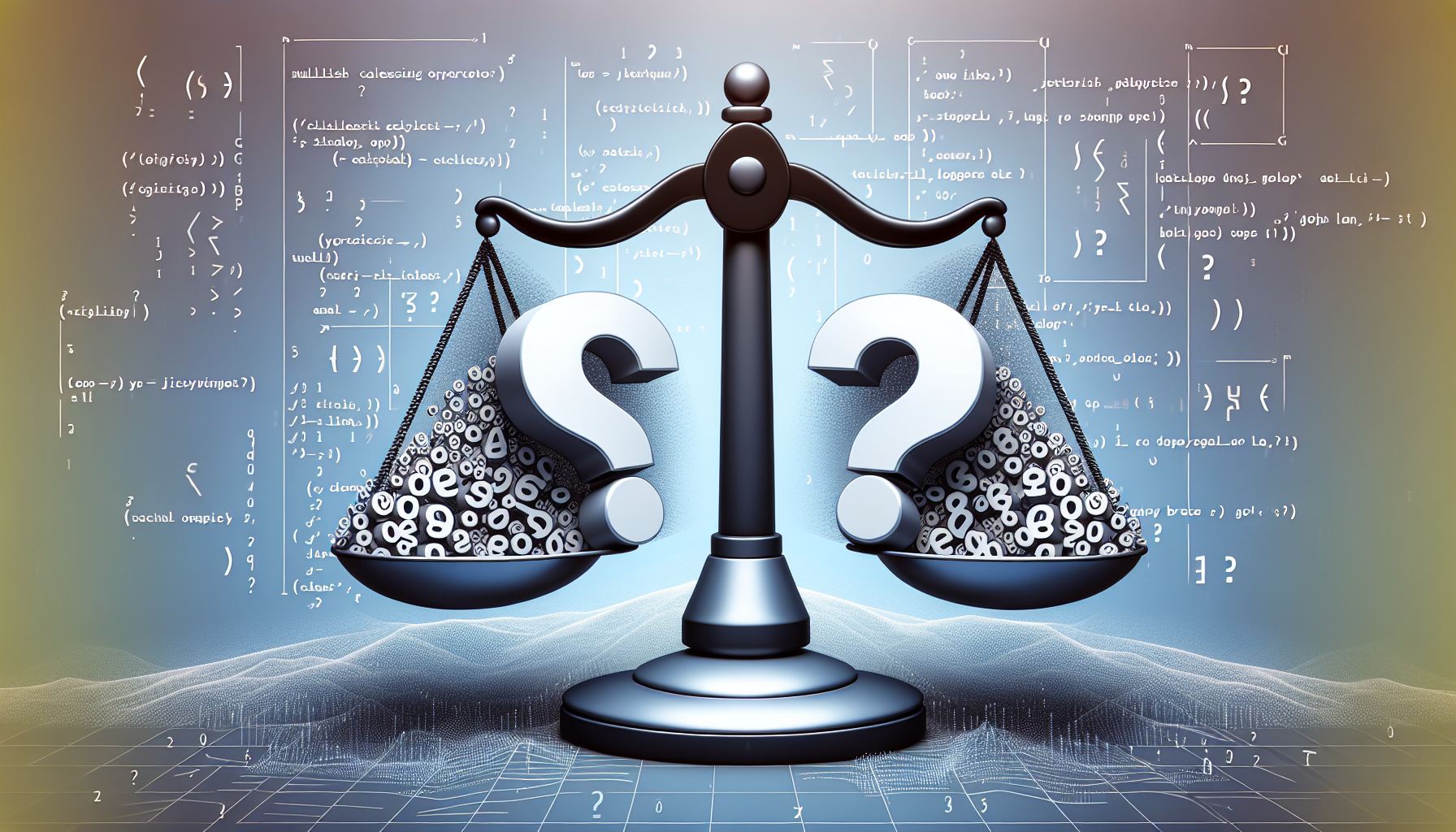 An abstract representation of programming concepts in JavaScript. Show a balanced pair of scales, with two questions marks on one side, symbolizing the Nullish Coalescing Operator (??), and on the other side, display a cluster of JavaScript related symbols like curly braces, semi-colons, and parentheses. Set the backdrop to a minimalist, digital style landscape with a matrix of 0s and 1s subtly incorporated into it, giving the feel of a programming environment. All elements must not have any text, brand names, people, or logos.
