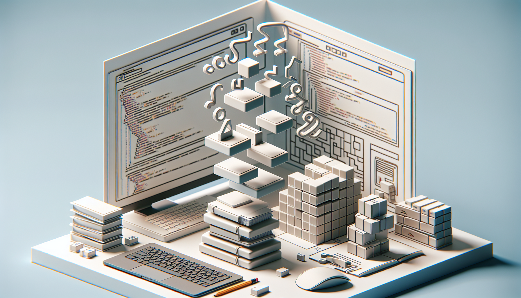 A minimalistic scene depicting the symbolic elements related to building a JavaScript library. Visualize a clear desk with a laptop, a virtual stack of online documents being categorized into folders, and 3D models of brackets and curly braces hovering over the laptop's keyboard, representing coding structures. Picture an abstract structure being built with labeled blocks to represent the library's creation, avoiding any brand names or logos. Finally, add a blueprint in the background for an architectural touch, a nod to the planning needed in library construction.