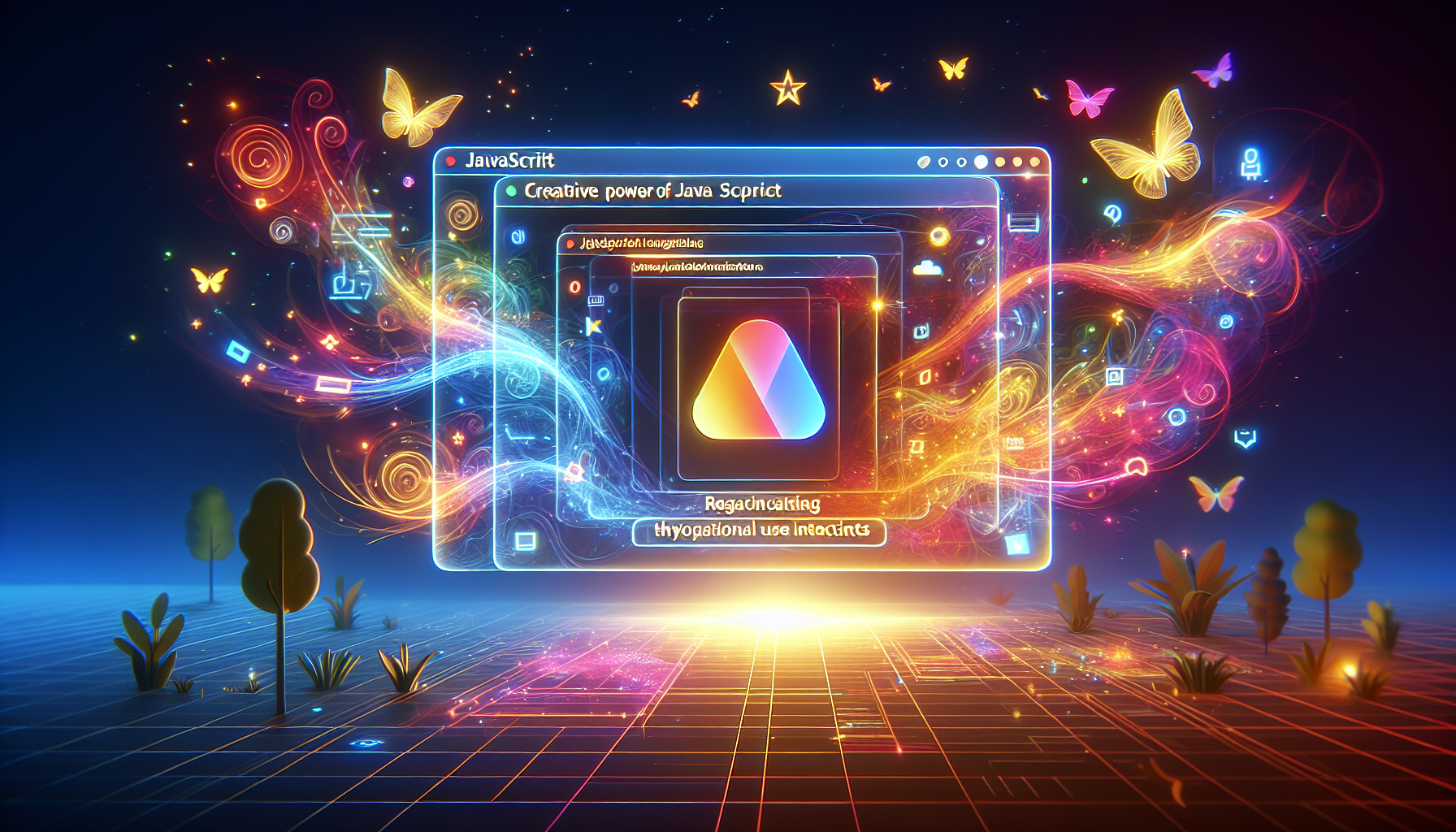 Create a detailed and vibrant image symbolizing the creative power of JavaScript and its usage in web design. The scene should depict a flat, minimal and professional website interface glowing with dynamic, colourful patterns and animations, all emanating from a hovering JavaScript logo at the center, indicating its role in creating those effects. Include interactive elements like buttons, forms and navigation bars reacting to hypothetical user interactions. Avoid including any identifiable brand names, logos, humans or text in the image.