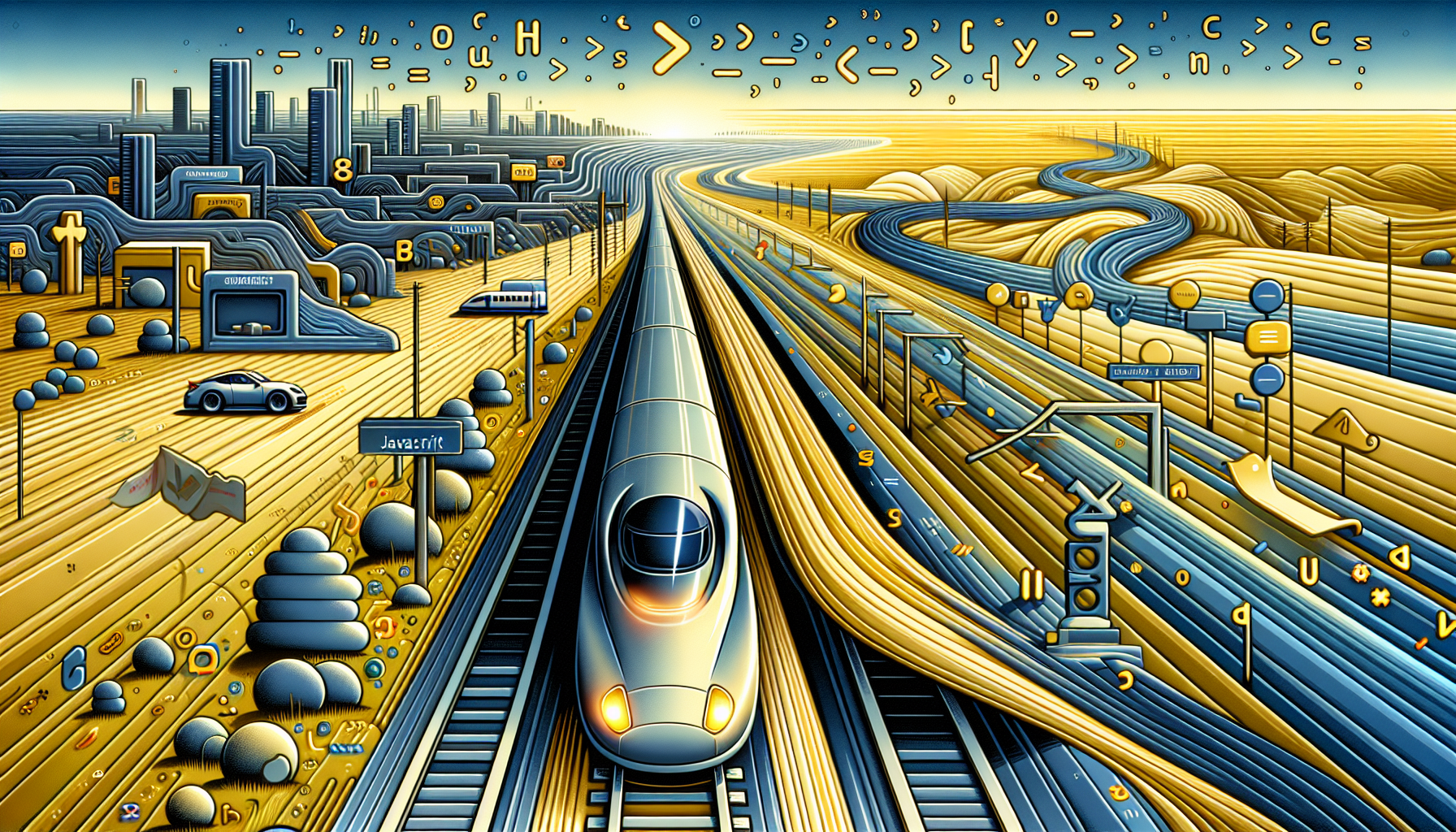 Visualize an abstract concept of JavaScript Performance: A metaphorical depiction of a sleek, modern and speedy transport vehicle such as a bullet train, rushing on a track, representing fast load times. Include coding symbols such as curly braces, semicolons and arrows, subtly incorporated into the design of the landscape to symbolize JavaScript. The landscape around the train track is gradually changing from a crowded, tangled mess - symbolizing heavy load times, to a streamlined, efficient layout - symbolizing reduced load times. The color theme of the image should largely follow shades of yellow and black, associated with JavaScript. No text, no people, no brand names or logos are to be included in the image.