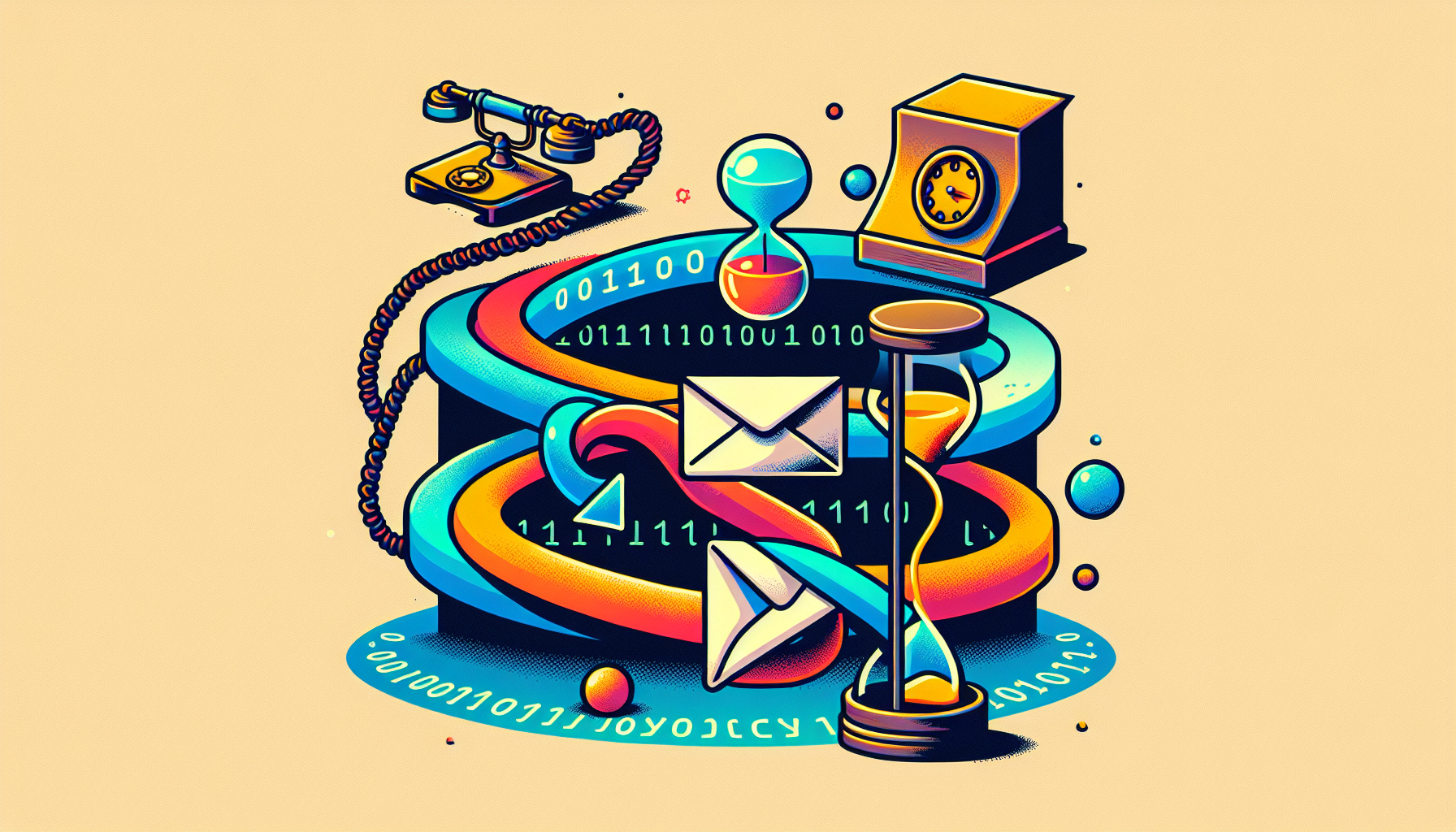 A symbolic representation of the concept of Asynchronous JavaScript. The image illustrates three distinct symbols: one for Callbacks, represented by a retro telephone with curly cord; one for Promises, signified as an envelope sealed with a wax stamp; and one for Async/Await, symbolized by a digital hourglass with sand dropping down. The three symbols are arranged in a curved path over a binary code sea to emphasize asynchronous operations in JavaScript. A vivid color trail connects the symbols, hinting at their interconnectedness. All objects are devoid of text and brands, reflecting the client's request.