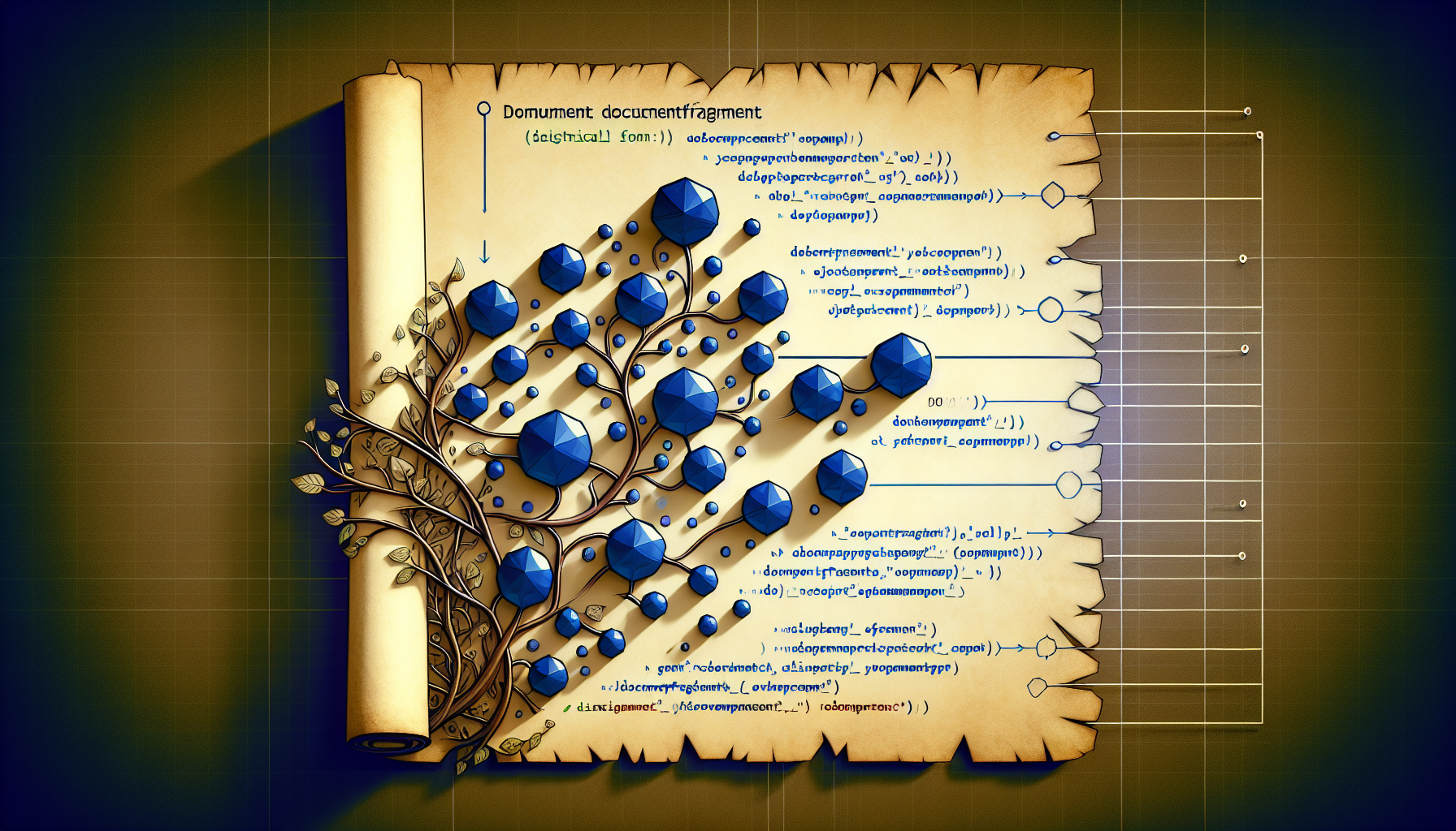 An in-depth thematic illustration showing a physical representation of JavaScript's DocumentFragment being used for DOM manipulation. Imagine an abstract form of a parchment paper known as 'DocumentFragment'. This parchment is divided into vine-like segments, each symbolizing different DOM nodes. These nodes are shown to be linked by strings of code, symbolizing JavaScript, evolving, sorting and rearranging themselves. Key focus is on demonstrating the altering and influencing of the DOM tree by DocumentFragment. Ensure no presence of human figures and text, and no display of any brand names or logos.